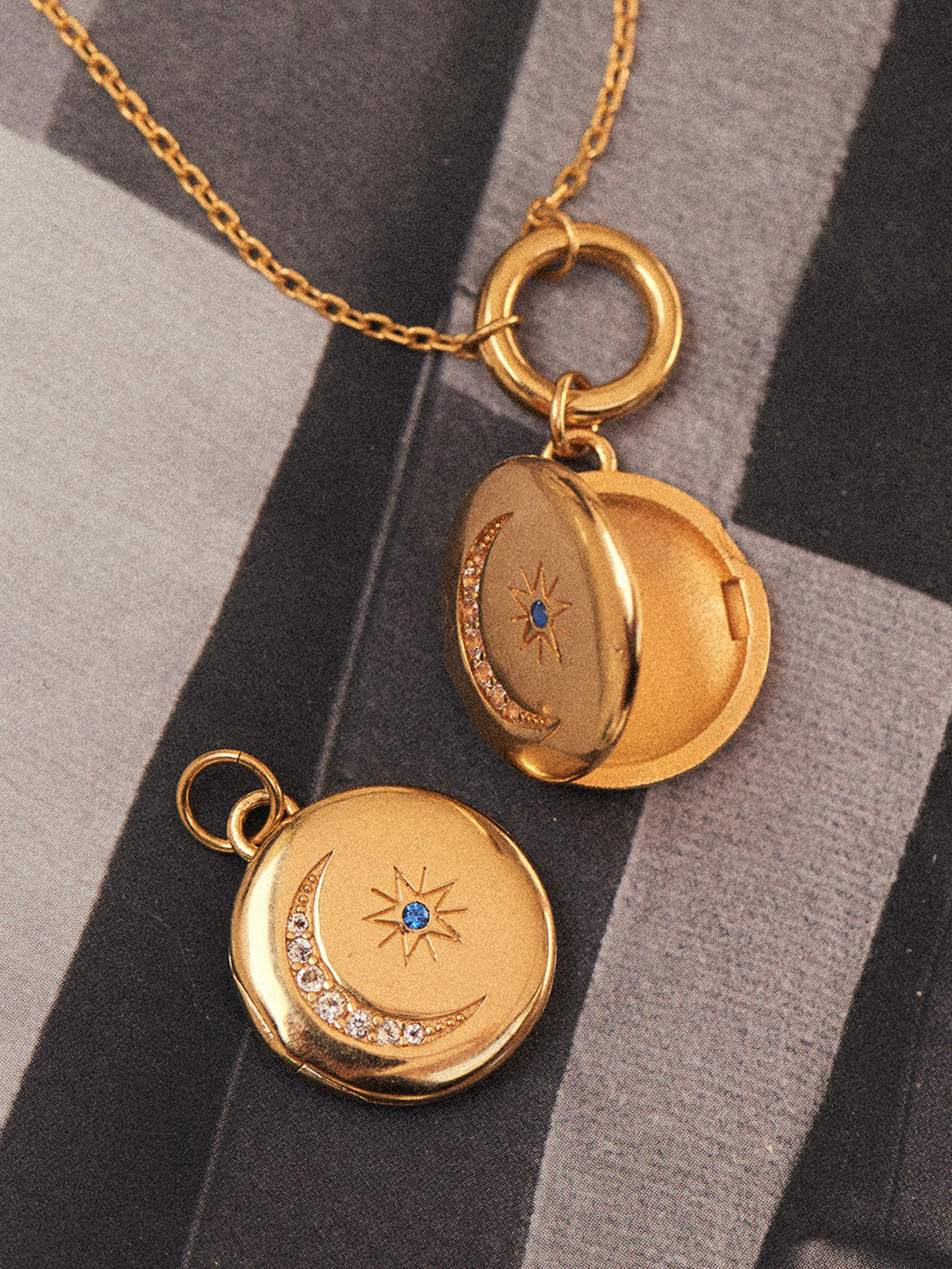 Opened Moon and Star Gold Locket - White Topaz, Blue Spine and 18ct Gold Vermeil - Heyrlome Jewellery