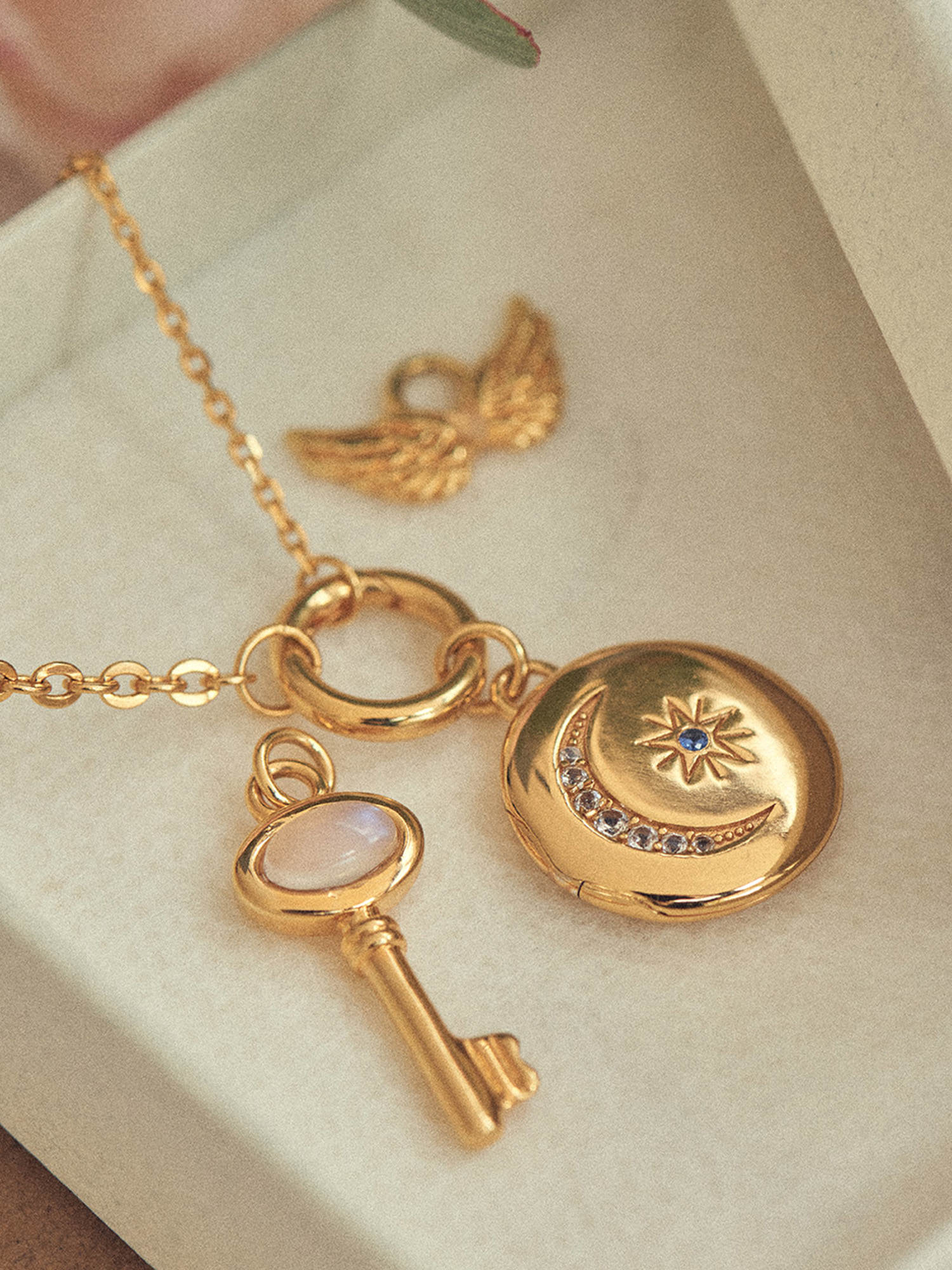 Moon and Star Gold Locket With Gold Key Pendant - White Topaz, Blue Spine and 18ct Gold Vermeil - Heyrlome Jewellery