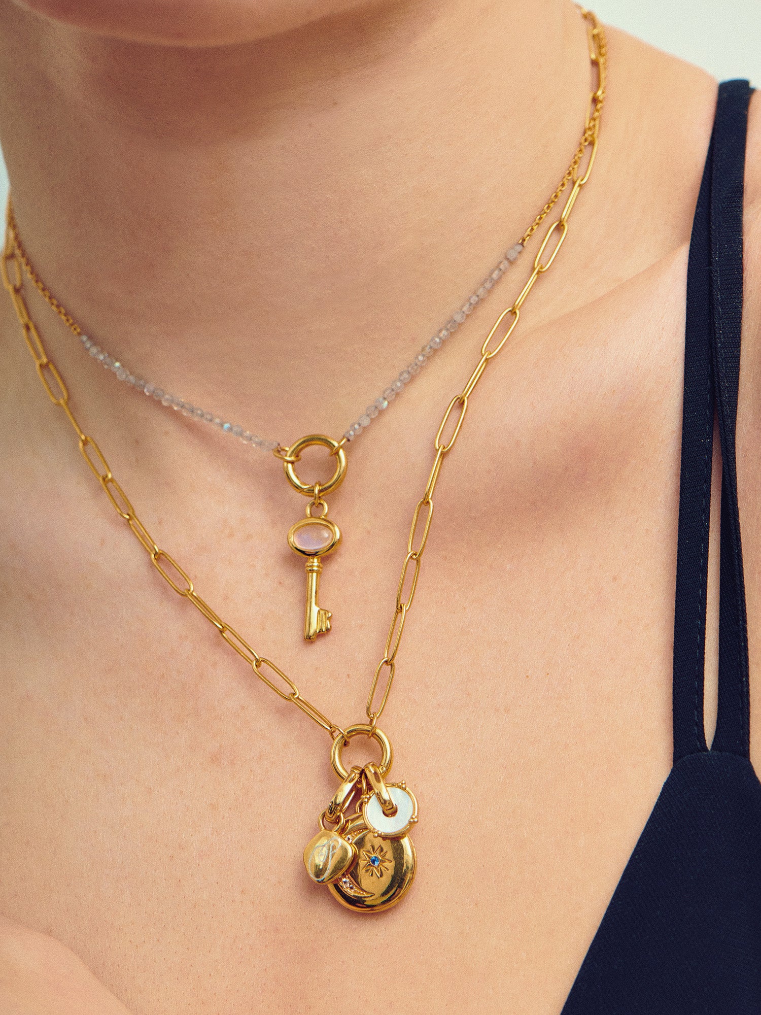 Moon and Star Gold Locket on Gold Necklace - White Topaz, Blue Spine and 18ct Gold Vermeil - Heyrlome Jewellery