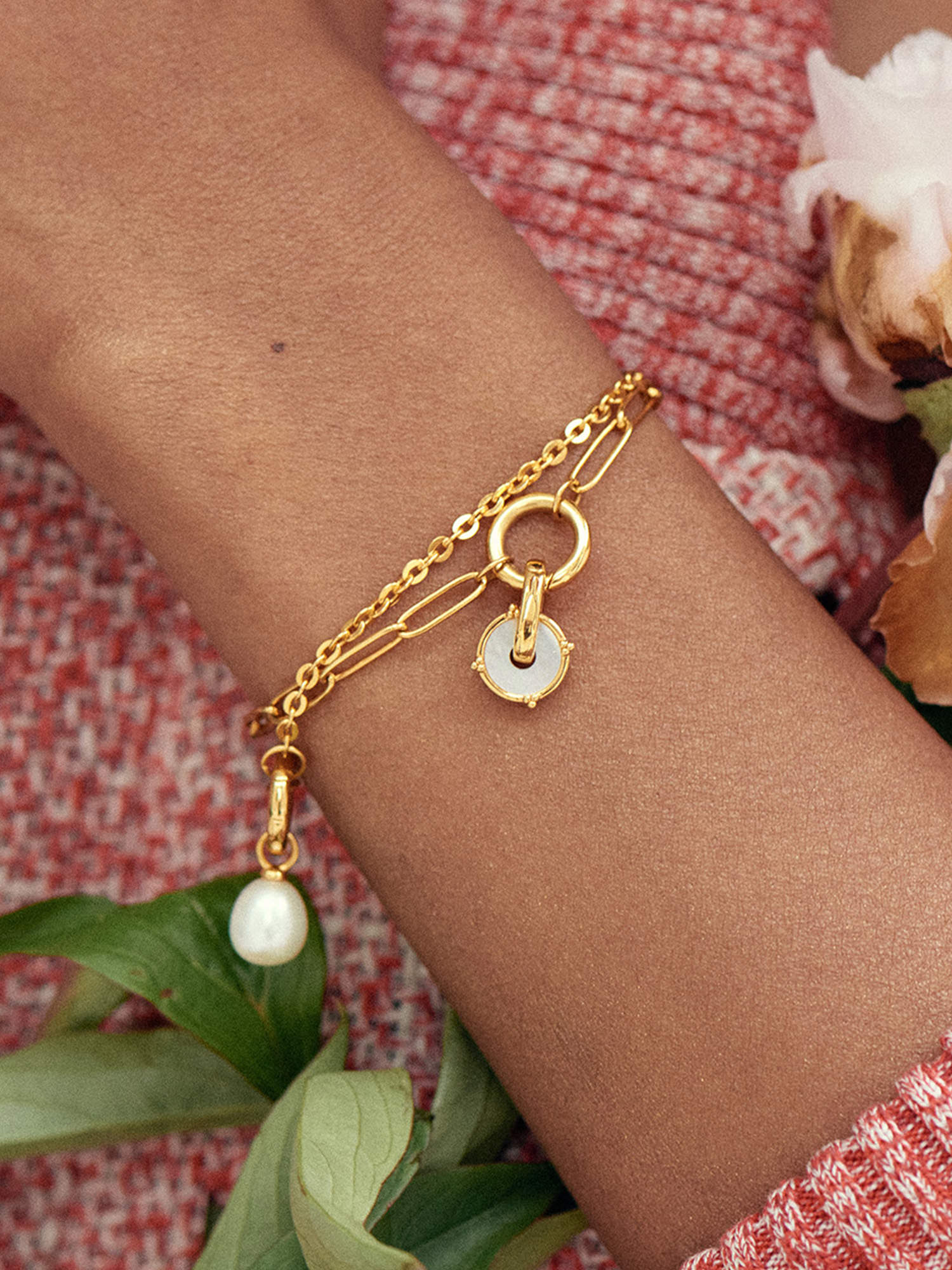 Paperlink Chain Gold Bracelet with Pearl Charms - 18ct Gold Vermeil - Heyrlome Jewellery