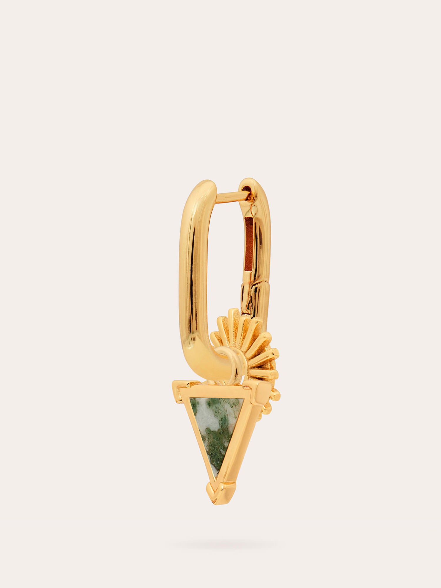 Side view of Gold Vermeil Charm Elongated Hoop Earring - Moss Agate - Heyrlome Jewellery