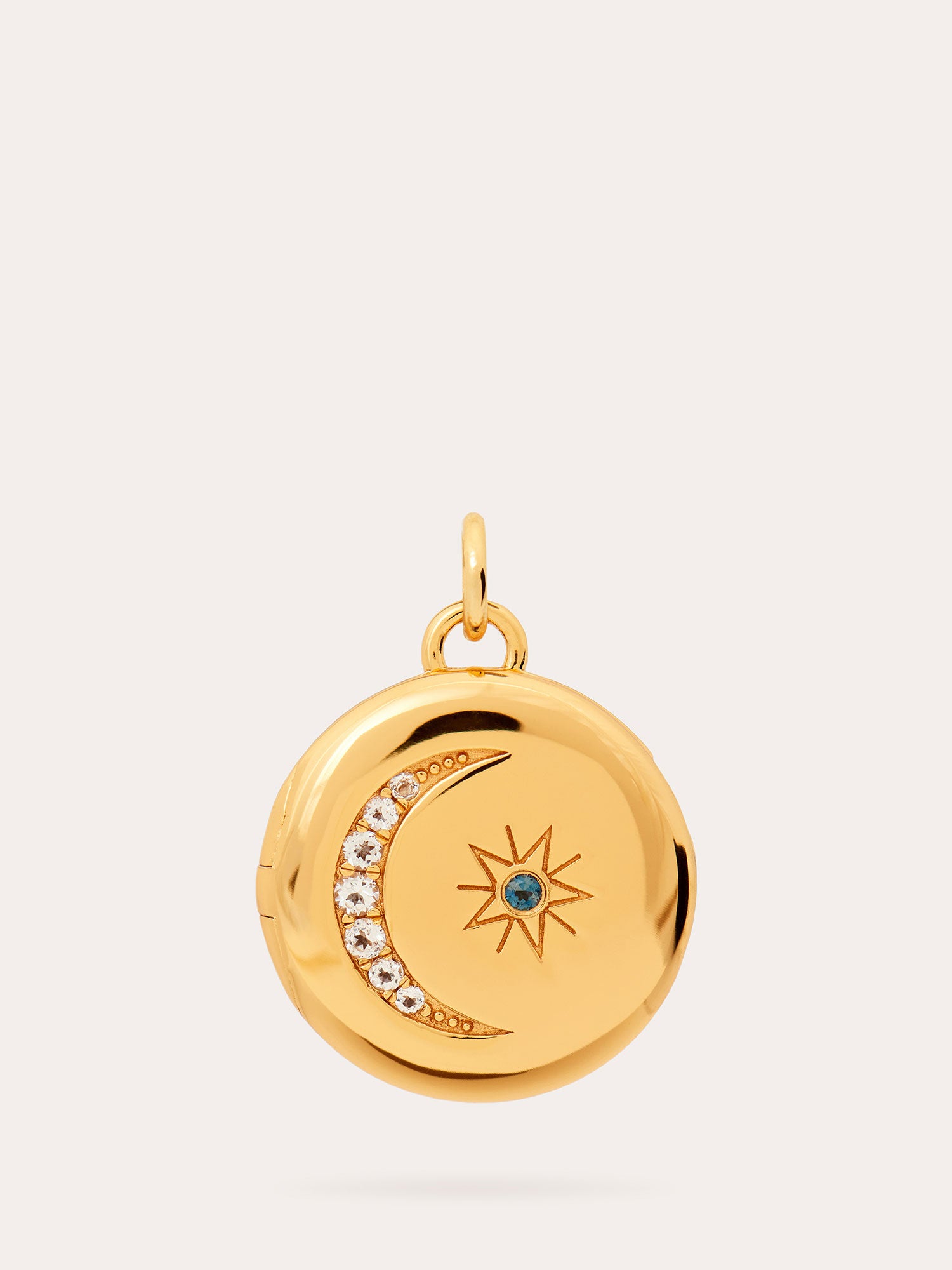 Moon and Star Gold Locket - White Topaz, Blue Spine and 18ct Gold Vermeil - Heyrlome Jewellery
