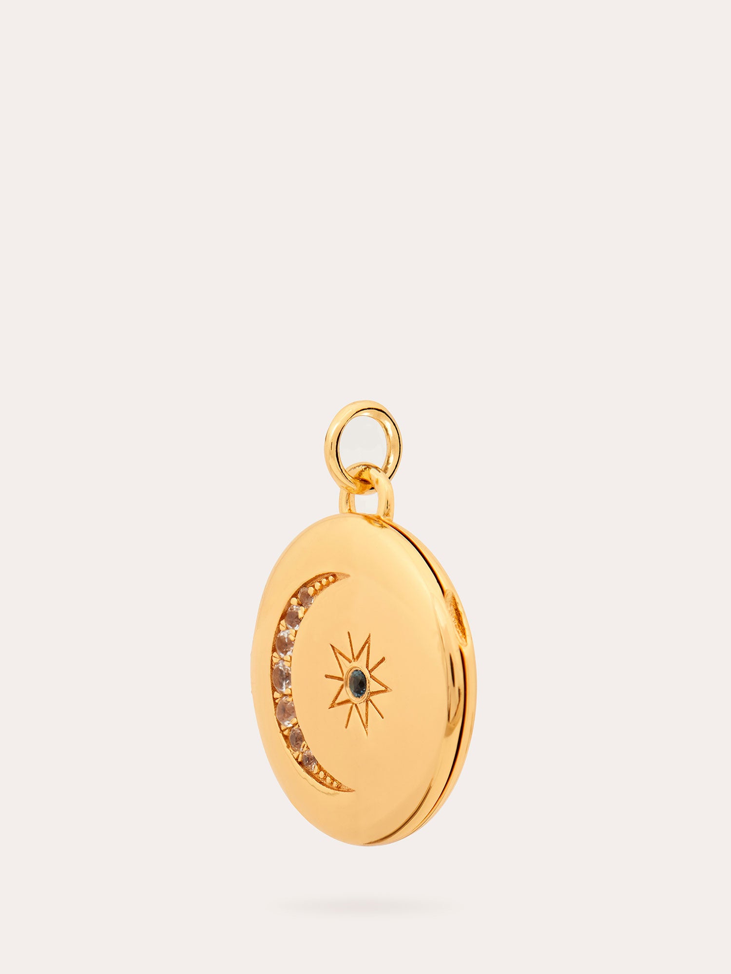 Side View of Moon and Star Gold Locket - White Topaz, Blue Spine and 18ct Gold Vermeil - Heyrlome Jewellery