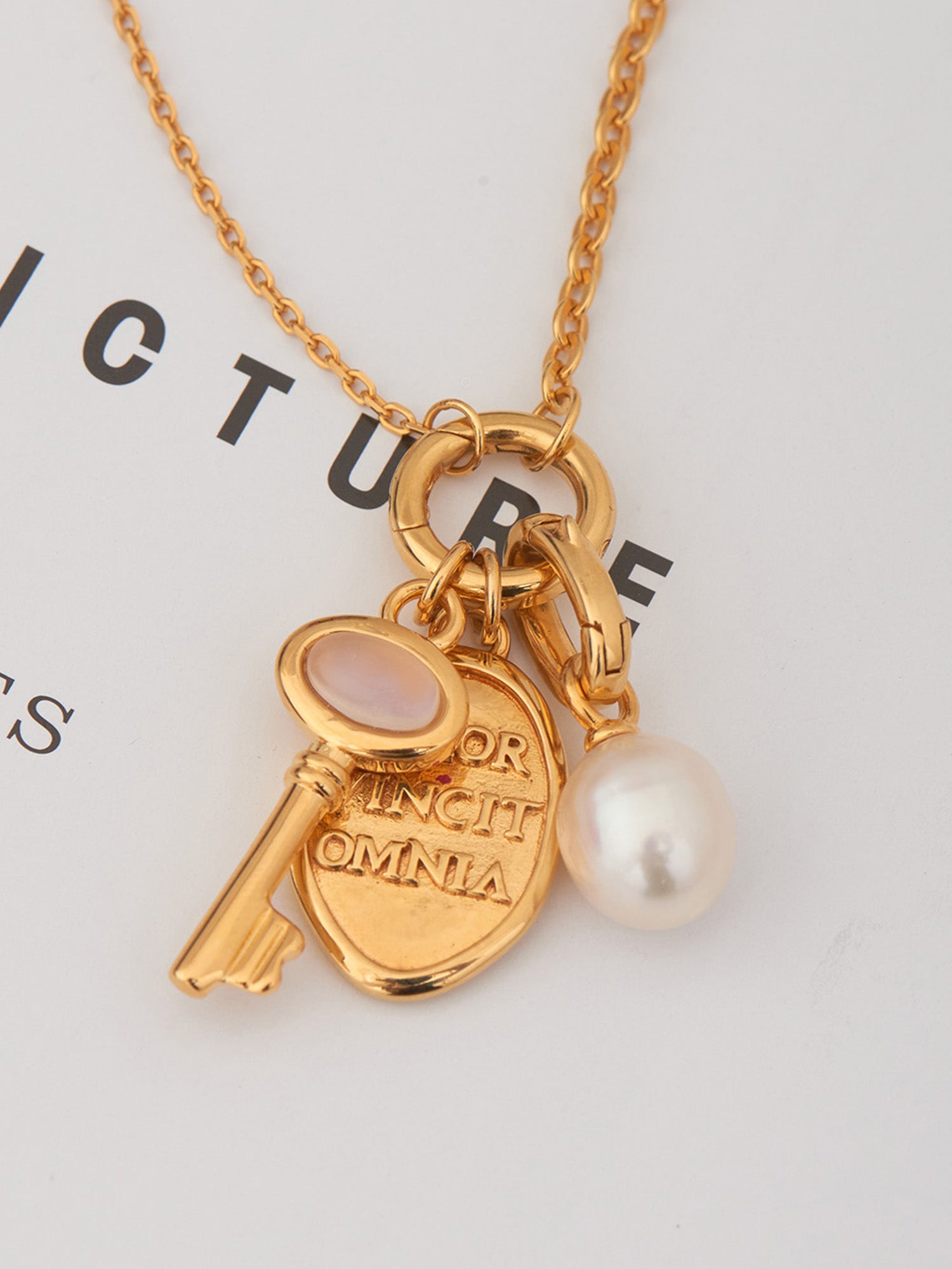 Skeleton Key Gold Pendant with Gold Charms - Moonstone and 18ct Gold Vermeil - Heyrlome Jewellery