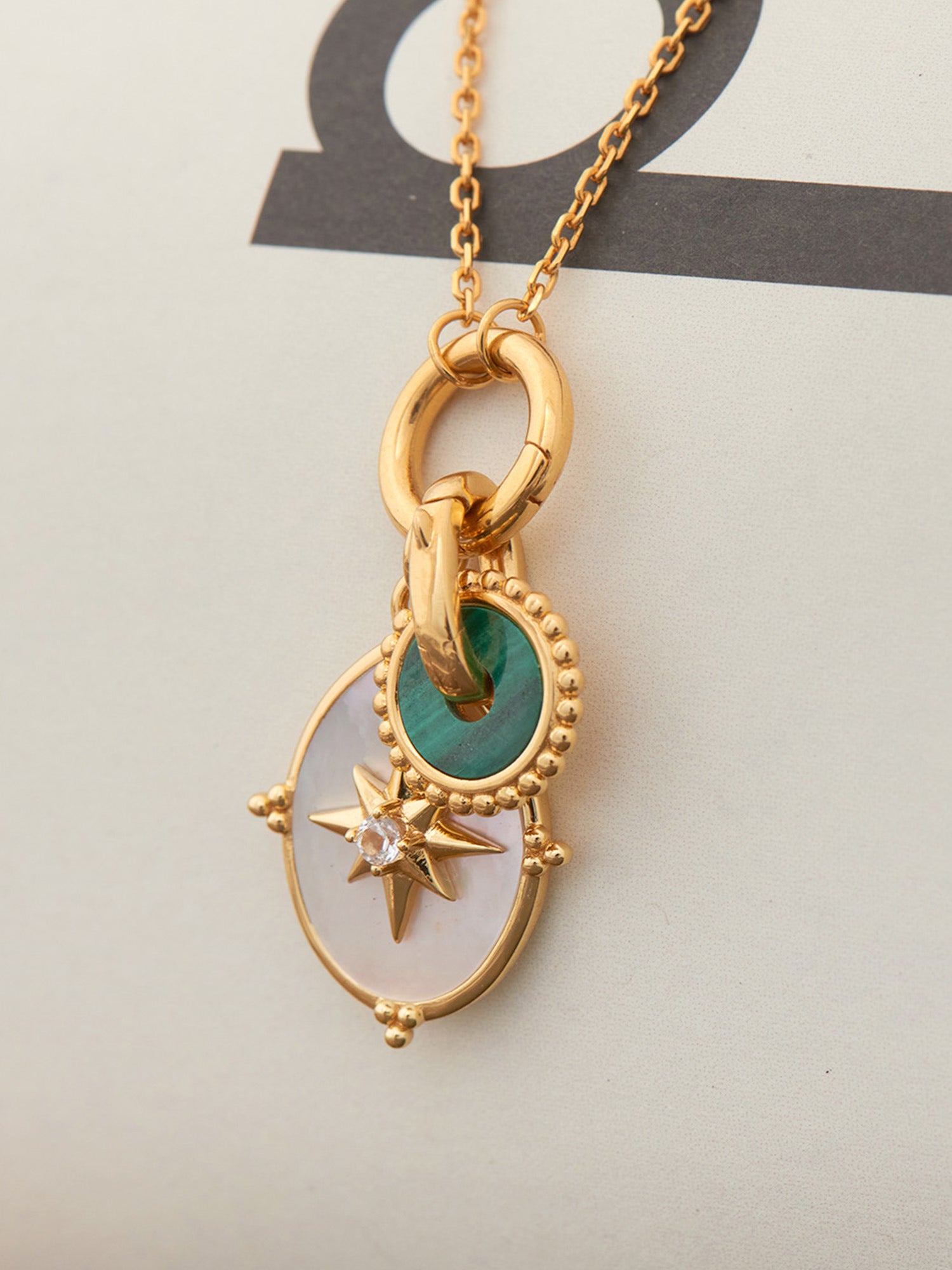 Malachite Gold Disc Charm with Gild Pendant on Necklace - 18ct Gold Vermeil - Heyrlome Jewellery