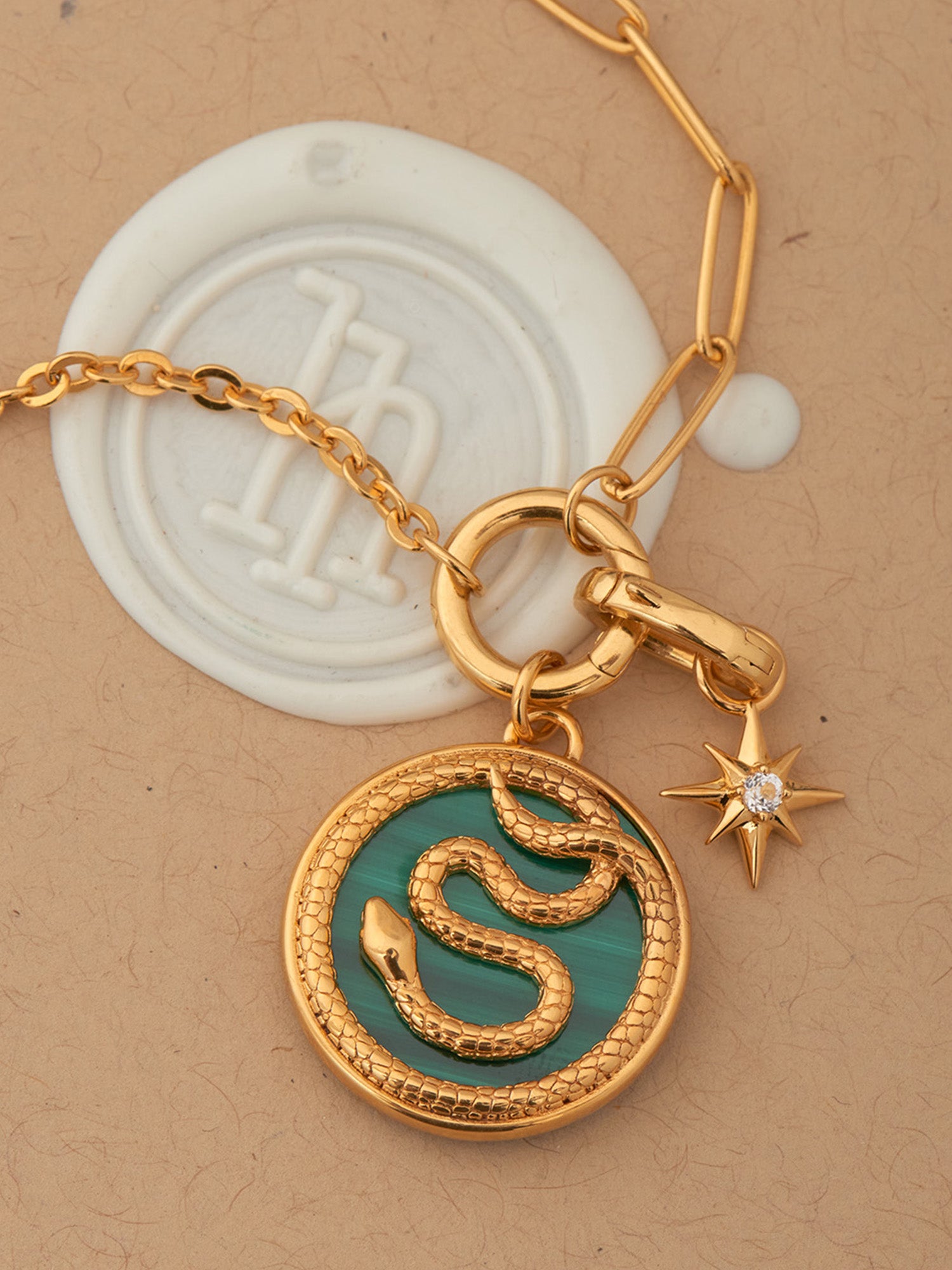 Aesclepius Snake Gold Pendant with Gold Charm - Malachite and 18ct Gold Vermeil - Heyrlome Jewellery