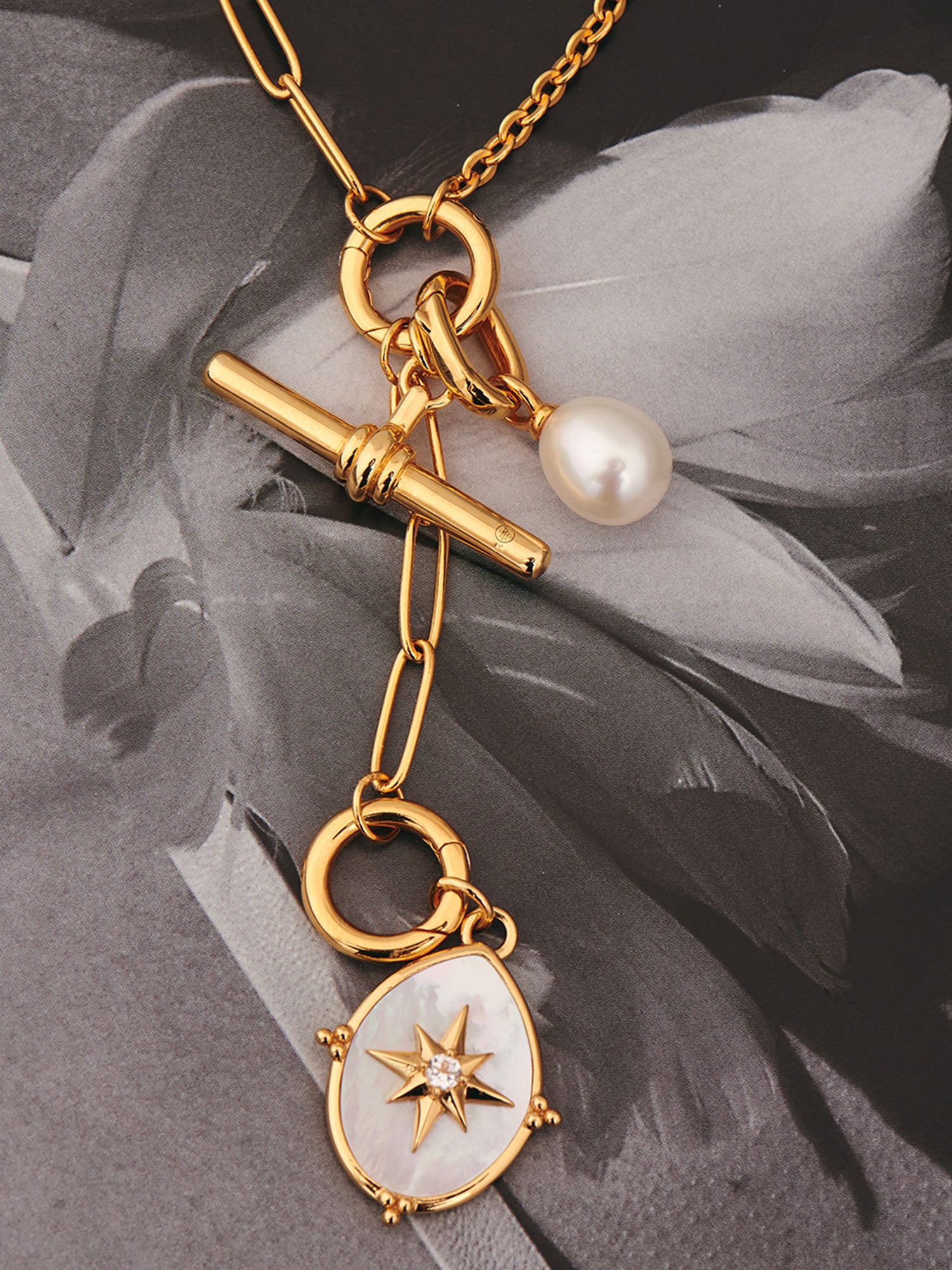 Rose des Vents Gold Pendant on Gold Necklace with Charms - Mother of Pearl and 18ct Gold Vermeil - Heyrlome Jewellery