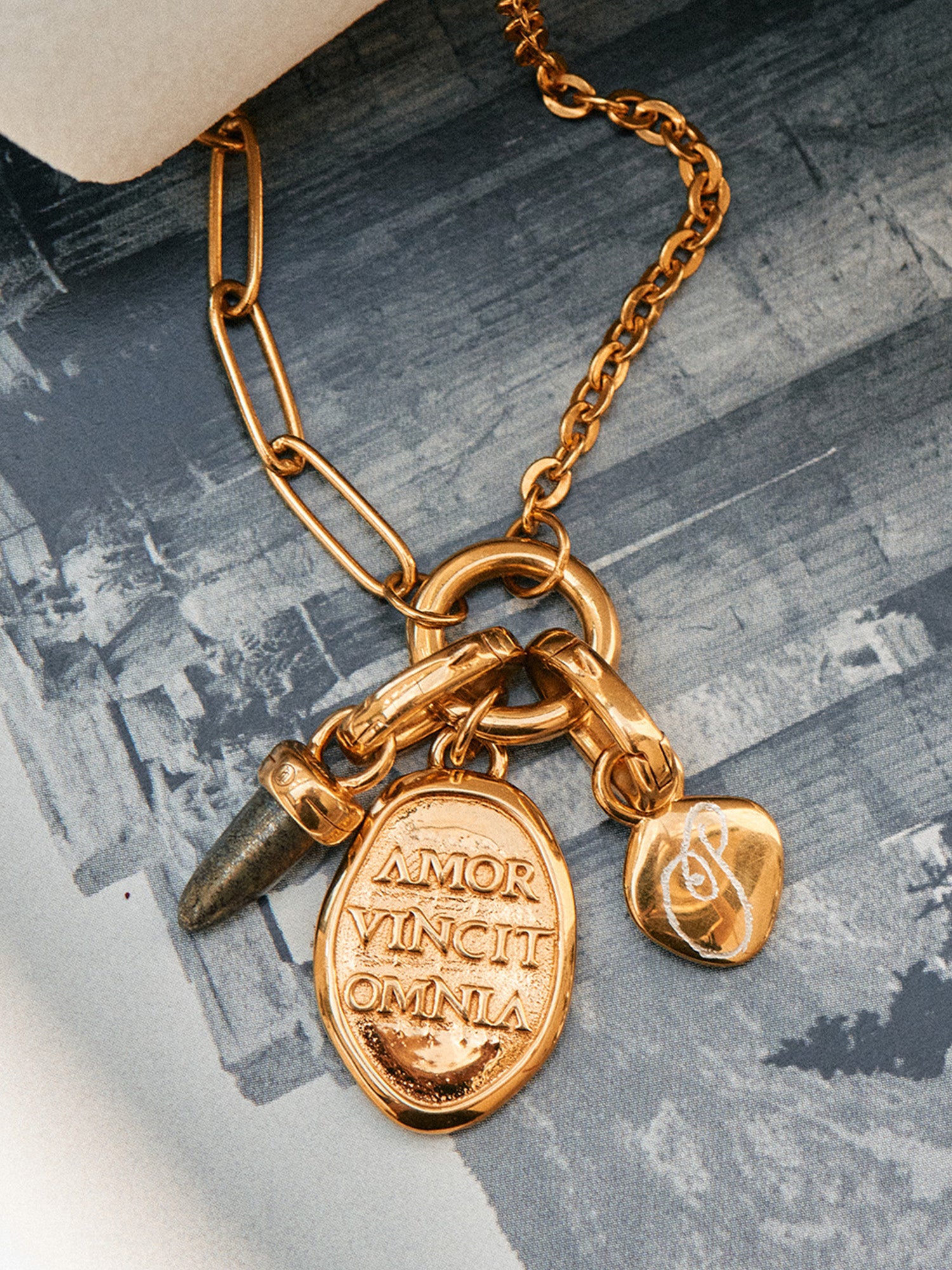 Amor Vincit Omnia Love Gold Pendant with Gold Charms - 18ct Gold Vermeil - Heyrlome Jewellery