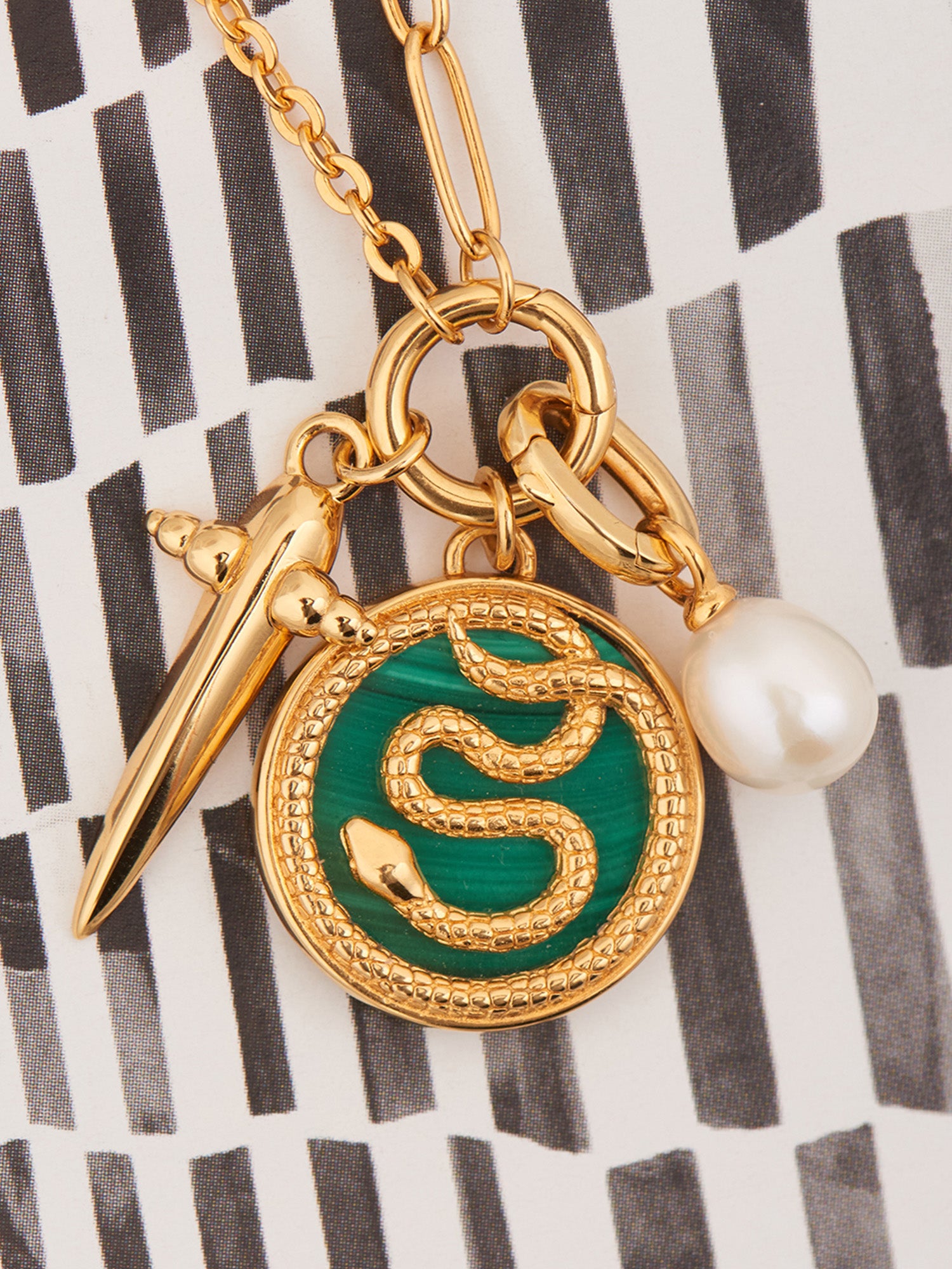 Aesclepius Snake Gold Pendant with Gold Charm - Malachite and 18ct Gold Vermeil - Heyrlome Jewellery