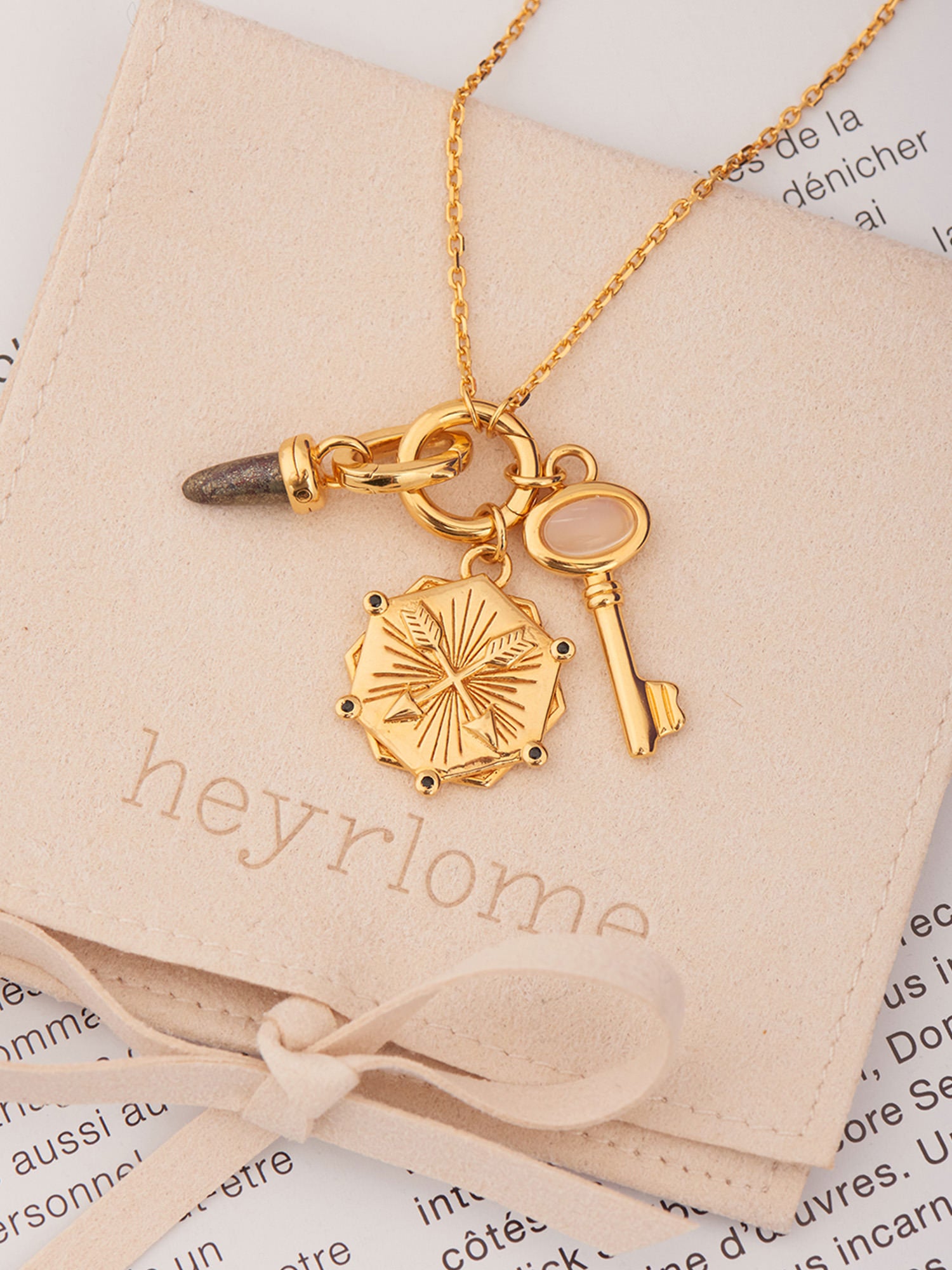 Crossed Arrows Friendship Gold Pendant with Gold Charms - Black Spinel and 18ct Gold Vermeil - Heyrlome Jewellery