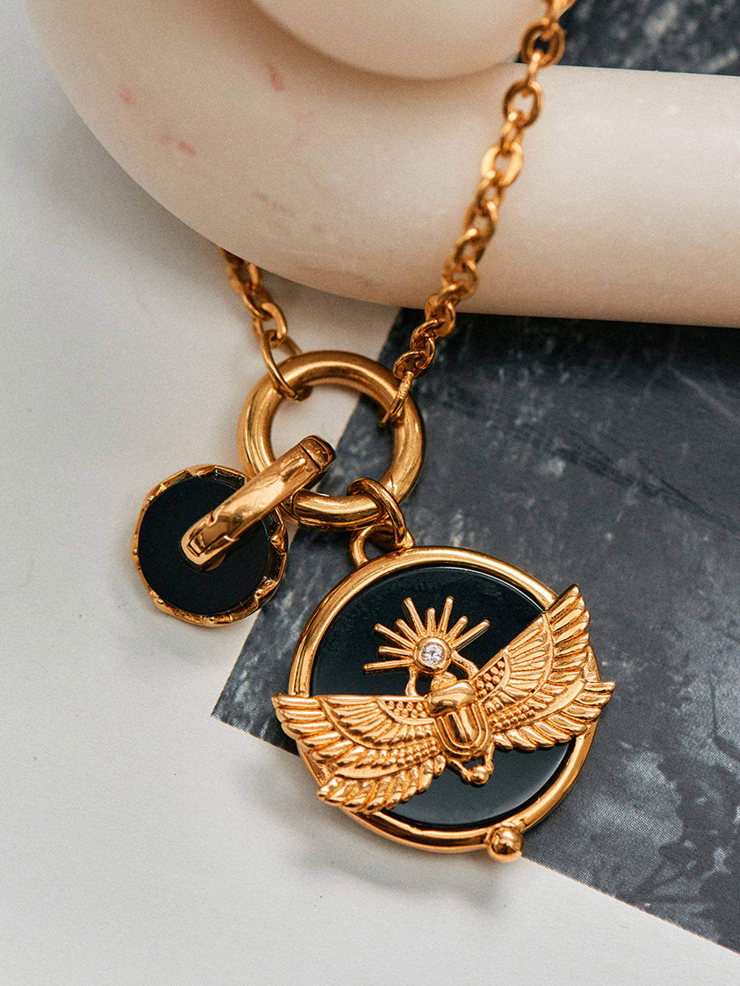 Scarab Beetle Gold Pendant with Gold Charm - Black Onyx and 18ct Gold Vermeil - Heyrlome Jewellery