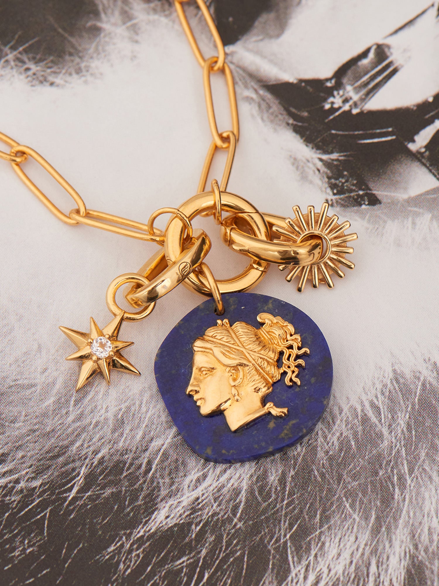 Aphrodite Gold Pendant with Gold Charms - Lapis Lazuli and 18ct Gold Vermeil - Heyrlome Jewellery