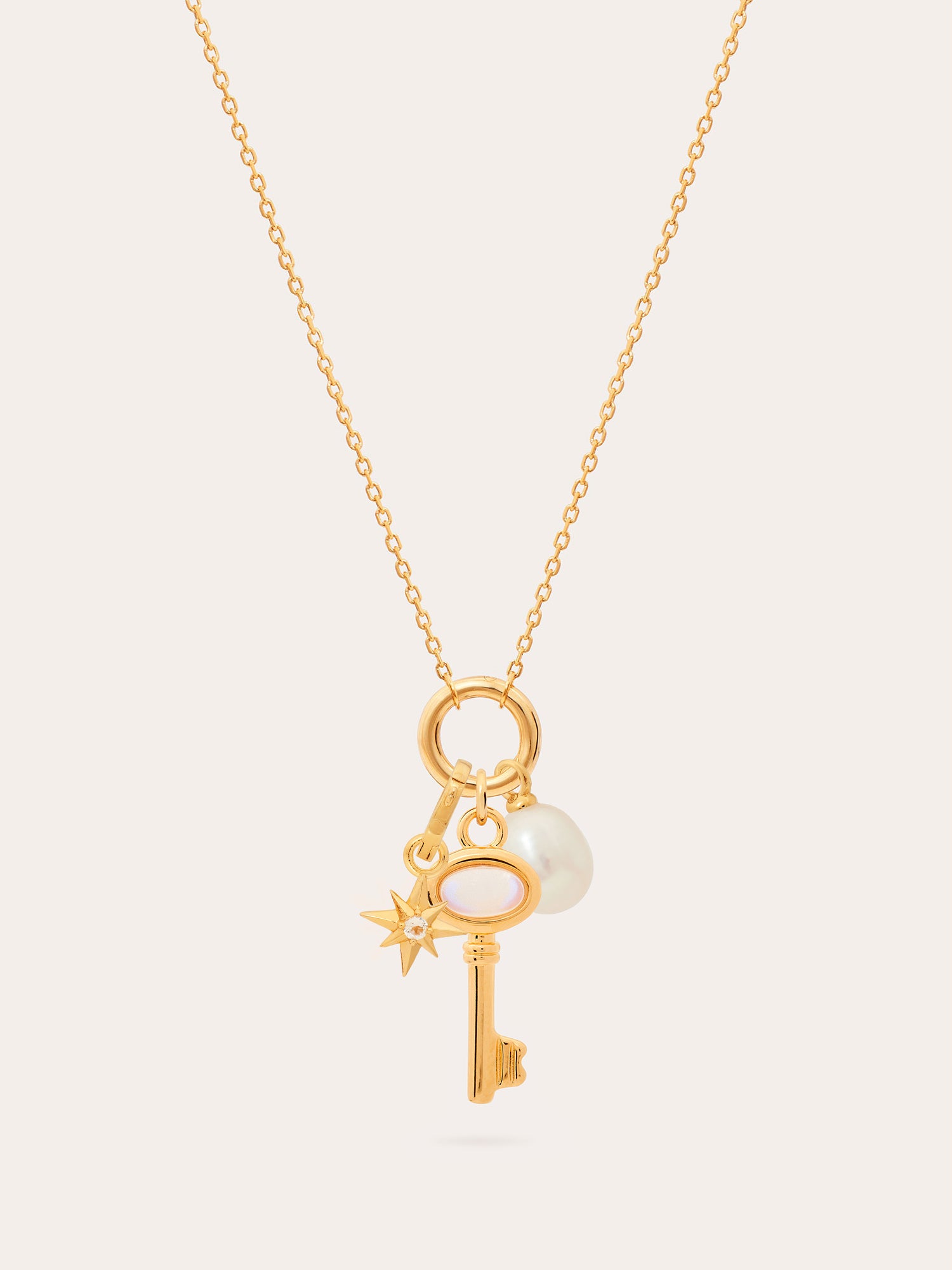 Skeleton Key Gold Necklace Set - 18ct Gold Vermeil, Pearl, Moonstone and White Topaz - Heyrlome Jewellery