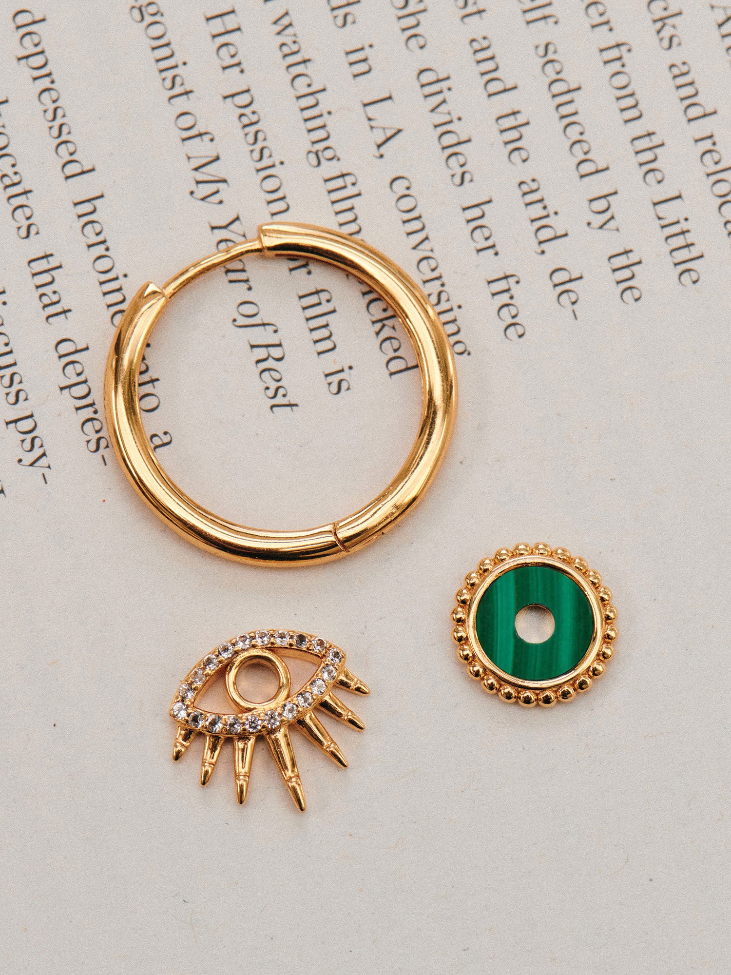 Gemstone Charm Gold Vermeil Hoops - Malachite and White Topaz - Heyrlome Jewellery