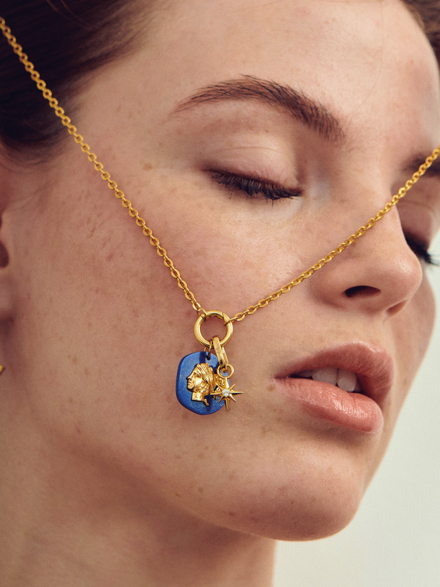 Small Rose des Vents Gold Charm with Lapis Lazuli Pendant - 18ct Gold Vermeil and White Topaz - Heyrlome Jewellery