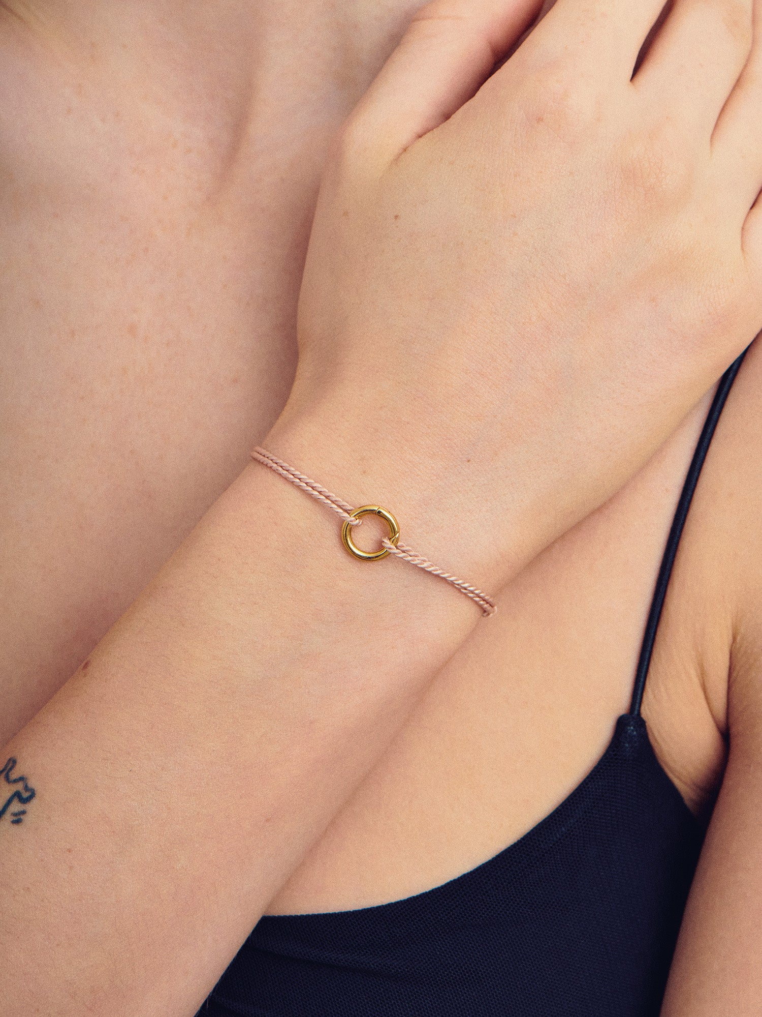 Adjustable Silk Cord Bracelet on wrist - 18ct Gold Vermeil and Natural Silk - Heyrlome Jewellery