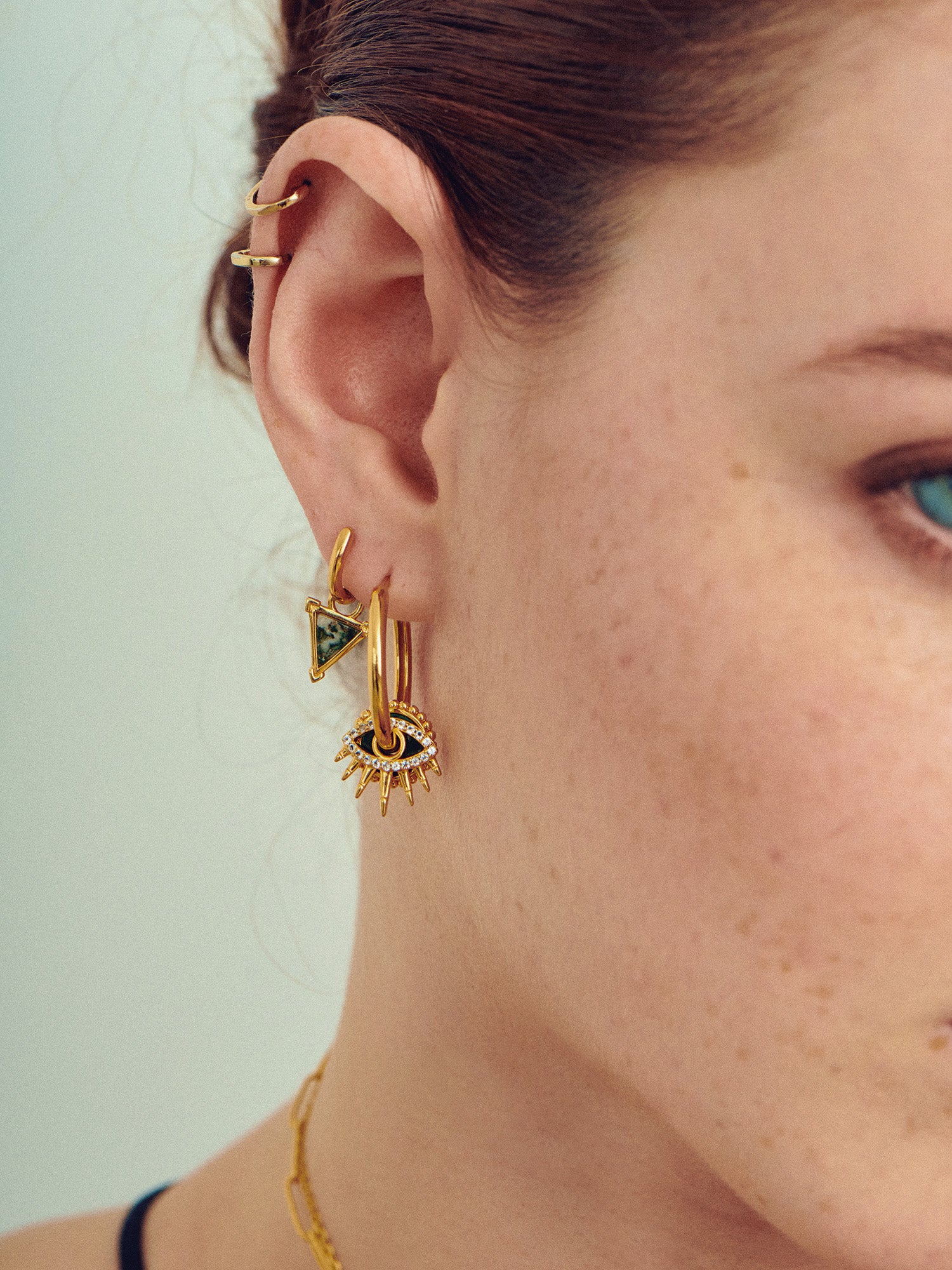 Earring Stack with Evil Eye Charm Gold Vermeil Hoops - Malachite and White Topaz - Heyrlome Jewellery