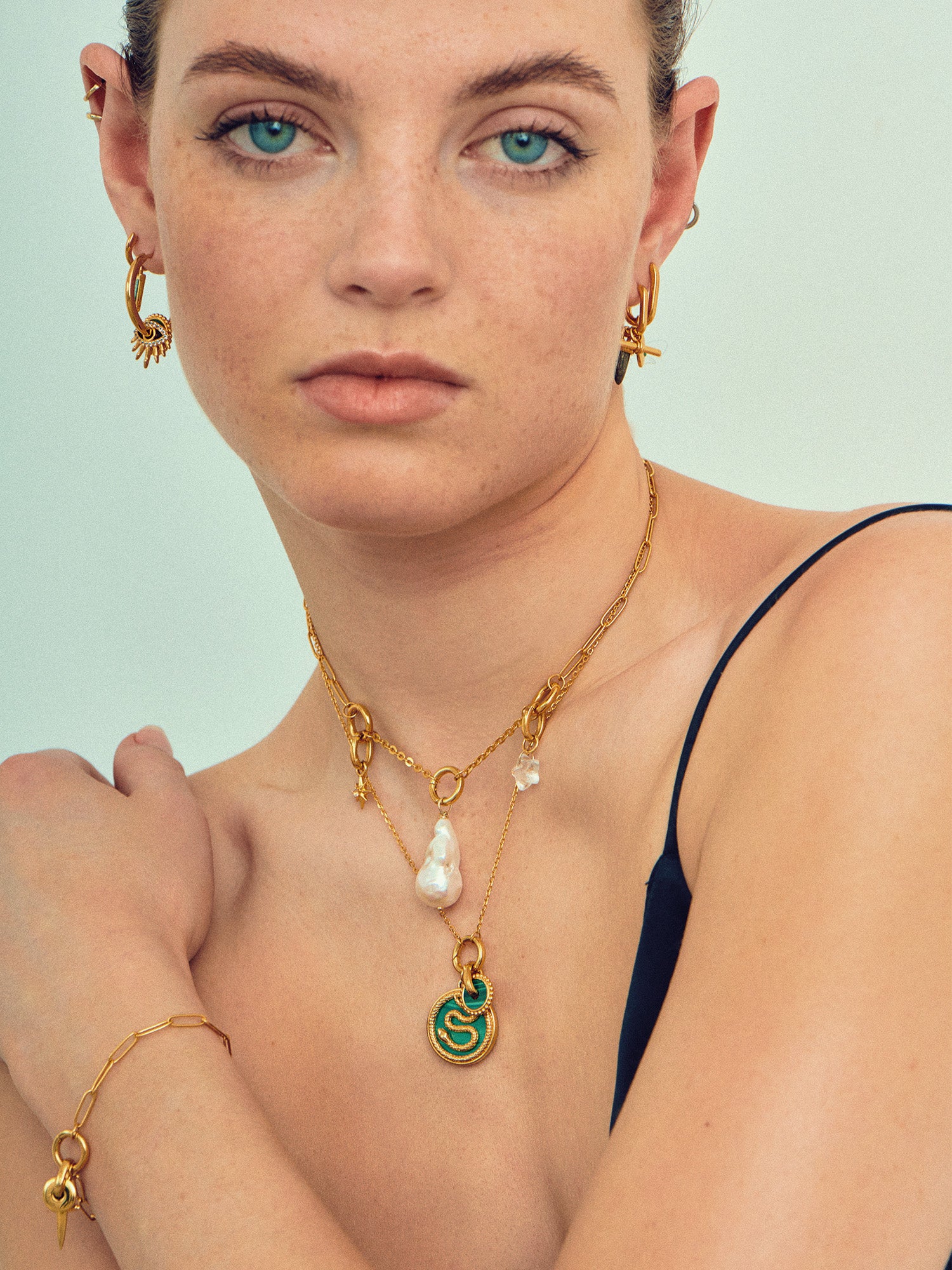 Malachite Gold Disc Charm on Gold Necklace Stack - 18ct Gold Vermeil - Heyrlome Jewellery