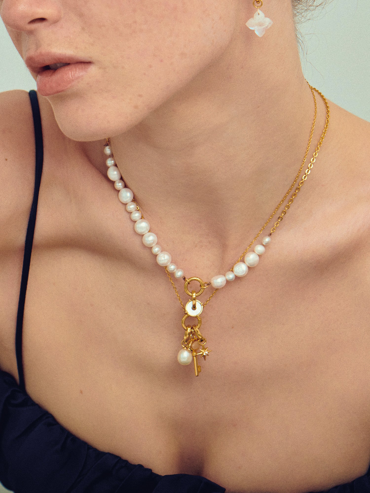 Asymmetric Pearl Gold Necklace with pearl pendant - 18ct Gold Vermeil - Heyrlome Jewellery