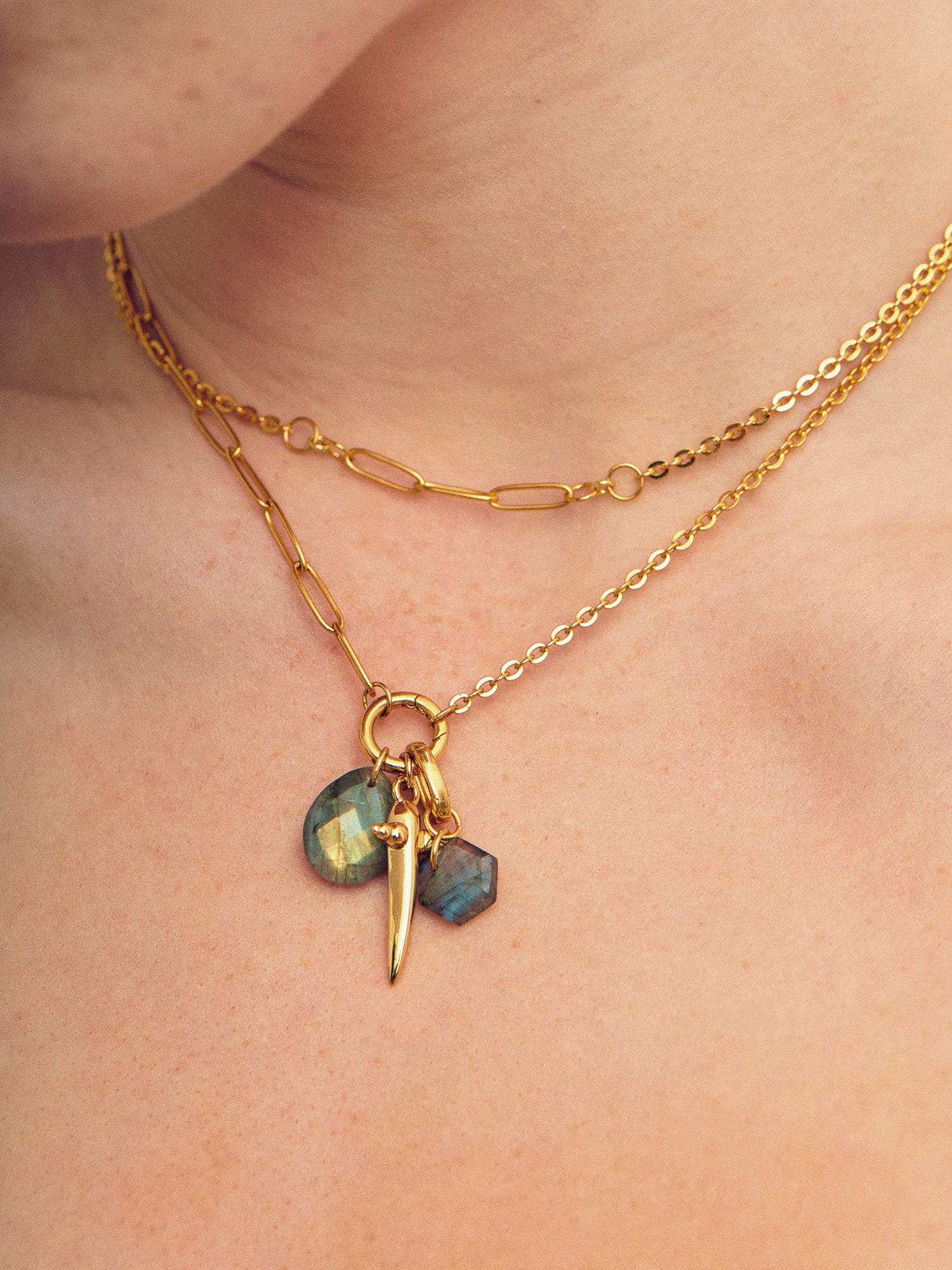 Gold Cable Chain Necklace layered with gold necklace and labradorite pendants - 18ct Gold Vermeil - Heyrlome Jewellery