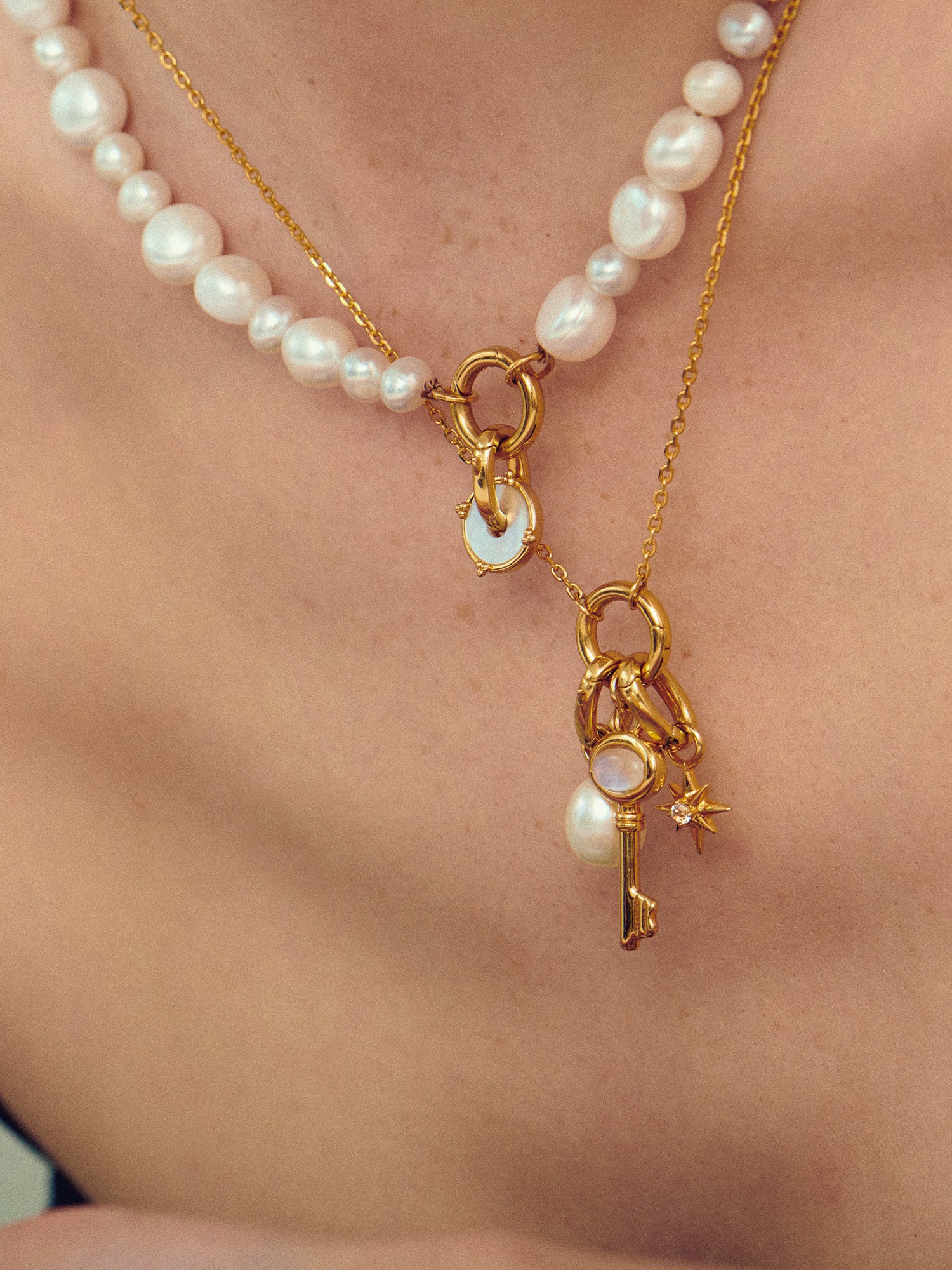 Necklace Stack with Skeleton Key Gold Pendant - Moonstone and 18ct Gold Vermeil - Heyrlome Jewellery