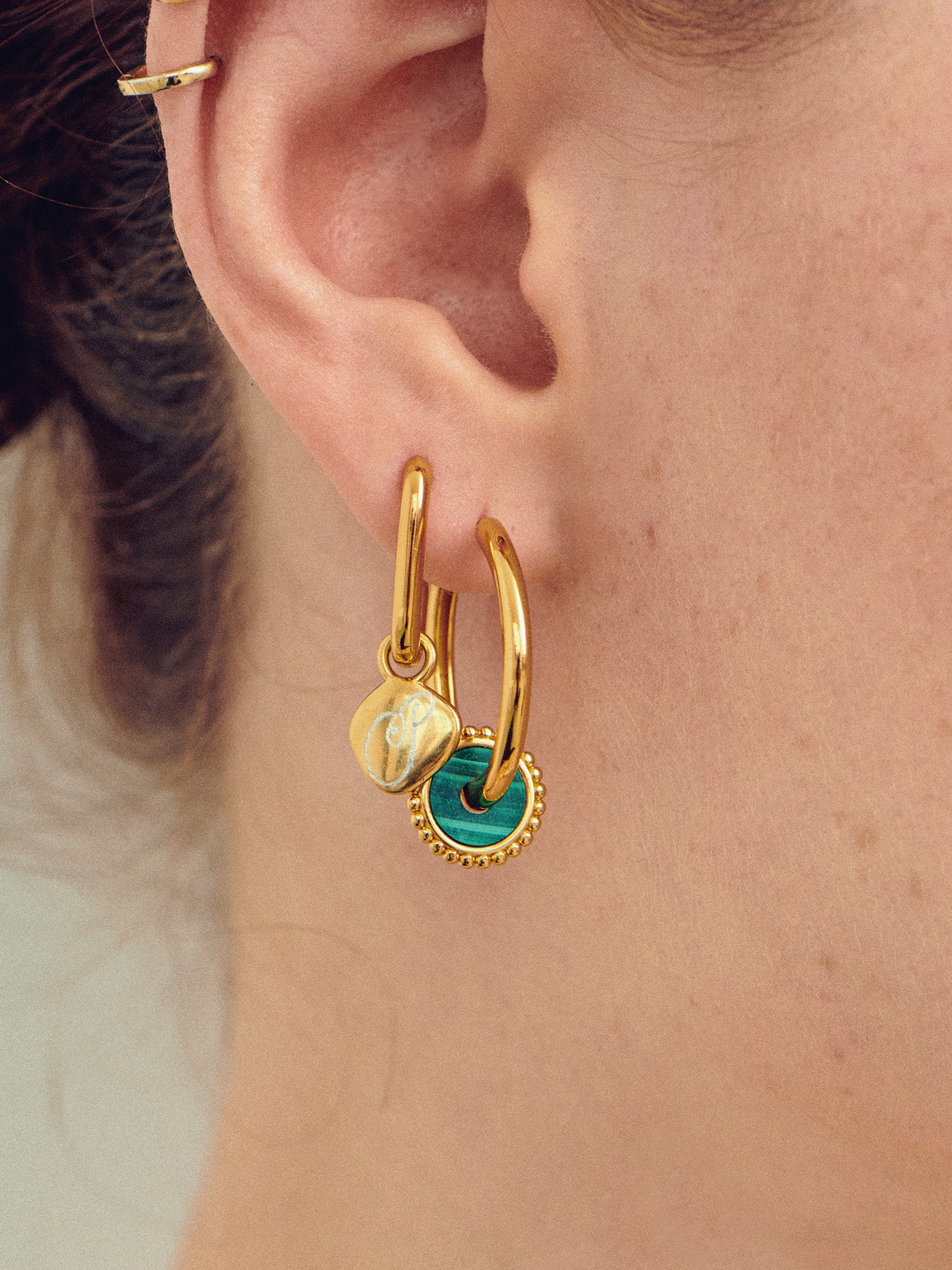 Malachite Gold Disc Charm on Gold Earrings for Women - 18ct Gold Vermeil - Heyrlome Jewellery