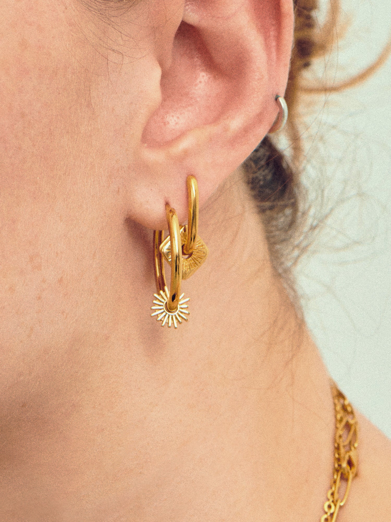 Rising Sun Gold Disc Charm on Gold Earrings - 18ct Gold Vermeil - Heyrlome Jewellery