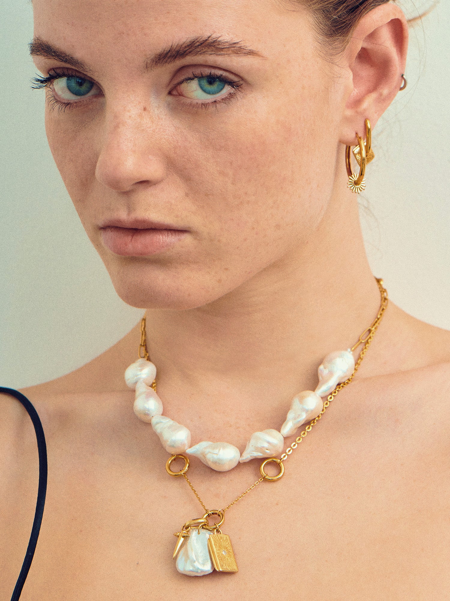 Fireball Baroque Pearl Gold Necklace styled with gold necklace - 18ct Gold Vermeil - Heyrlome Jewellery