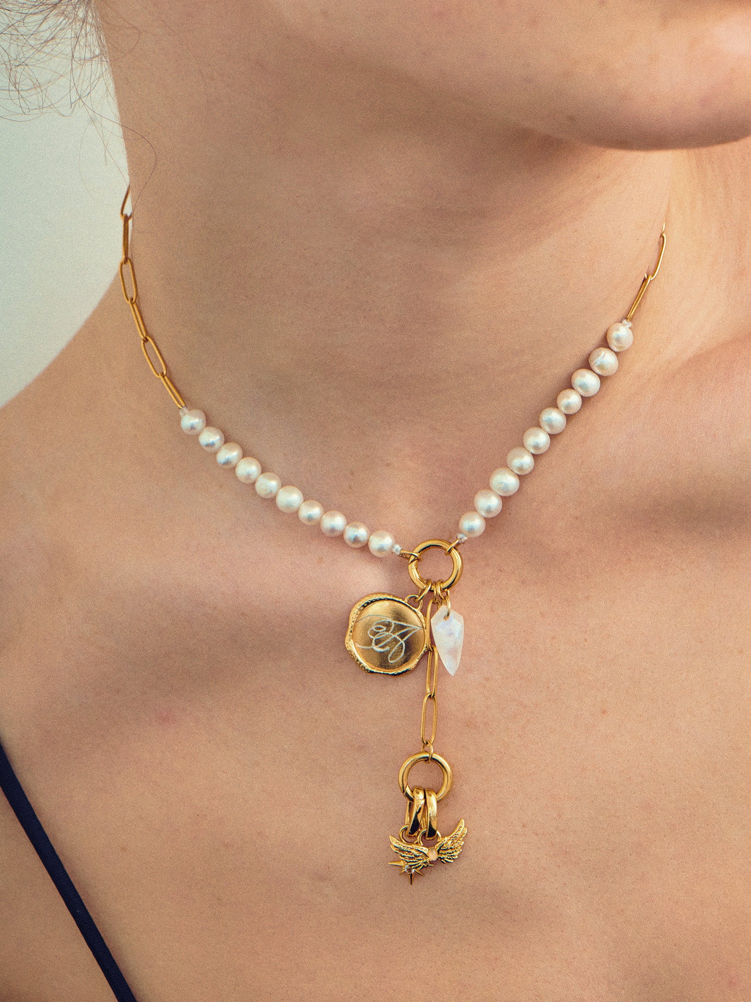 Pearl Gold Clasp Necklace with Pendant and Charms - 18ct Gold Vermeil - Heyrlome Jewellery