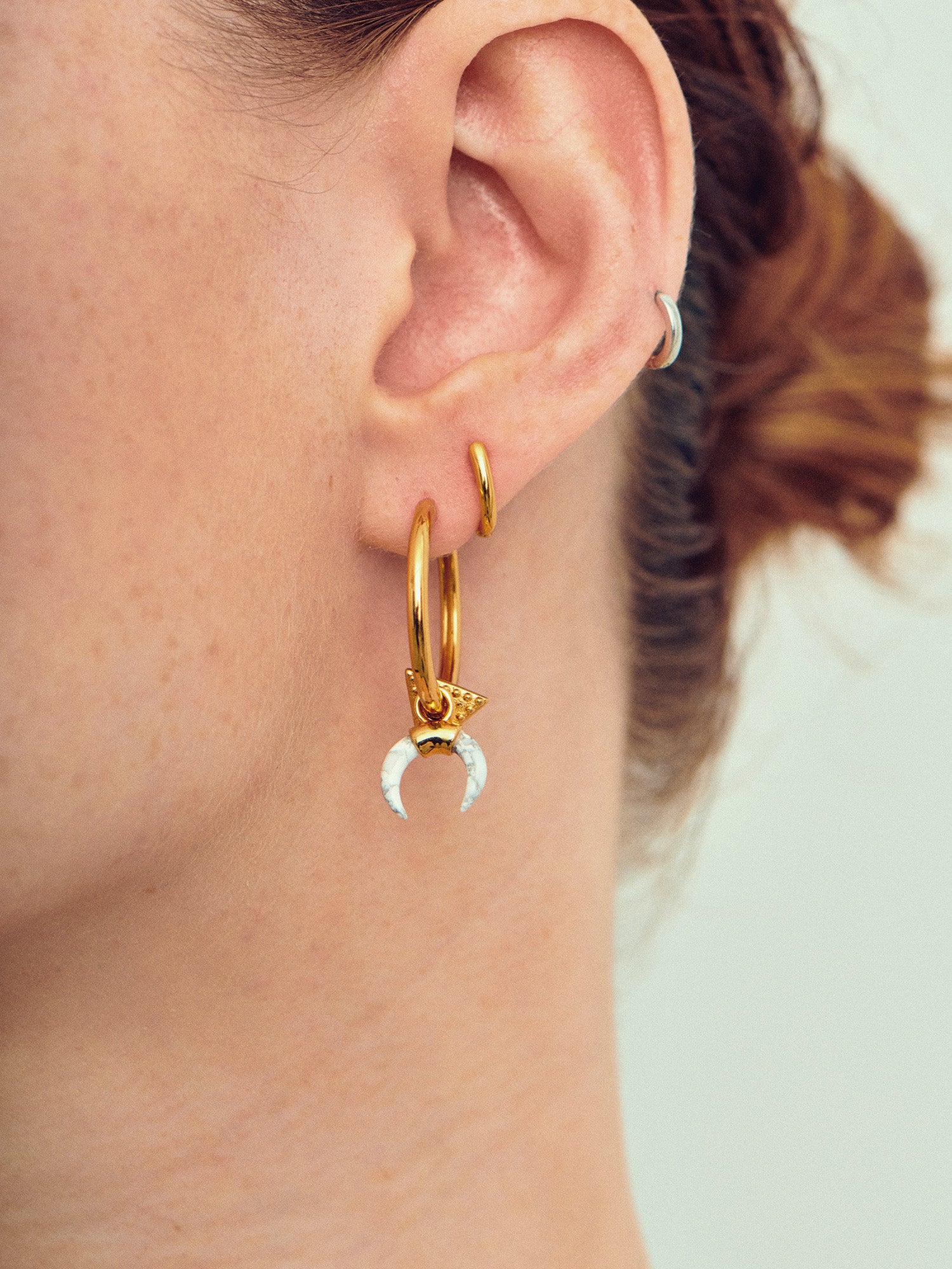 Cornicello Charm on Gold Hoop Earrings - 18ct Gold Vermeil and White Howlite - Heyrlome Jewellery