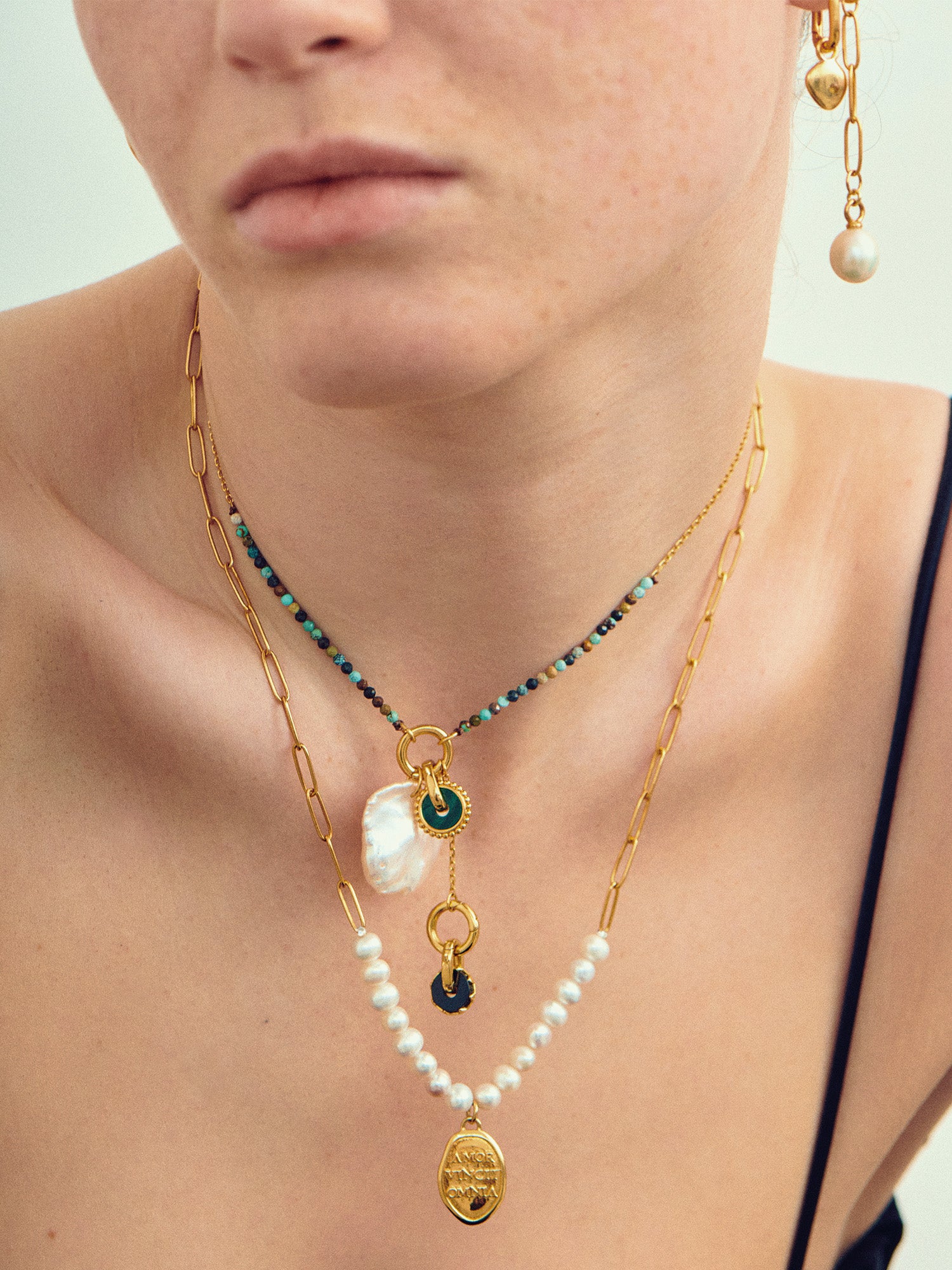 Freshwater Baroque Pearl Necklace Layered with Turquoise Necklace- 18ct Gold Vermeil - Heyrlome Jewellery