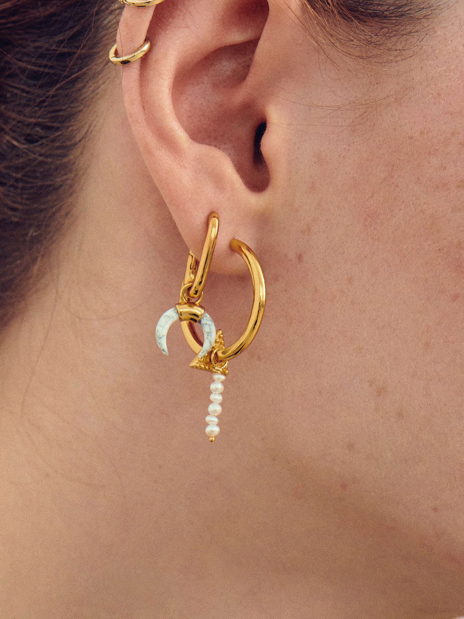 Howlite Horn Gold Charm on Gold Earrings for Women - 18ct Gold Vermeil - Heyrlome Jewellery