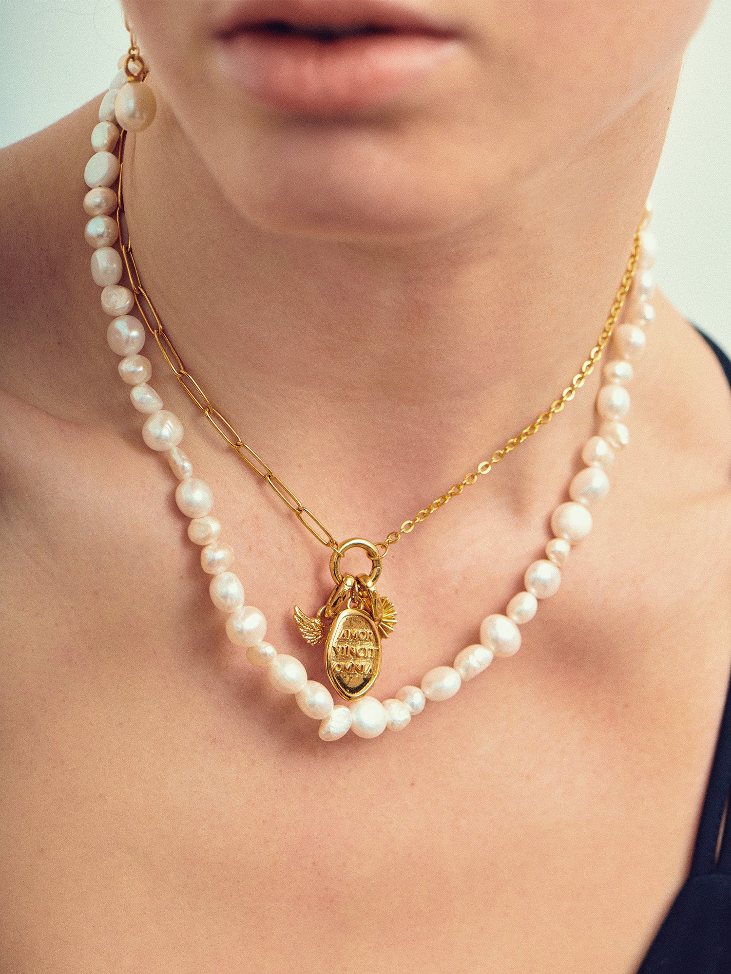 Eternal Love Gold Pendant on Gold Necklace layered with pearl necklace- 18ct Gold Vermeil - Heyrlome Jewellery