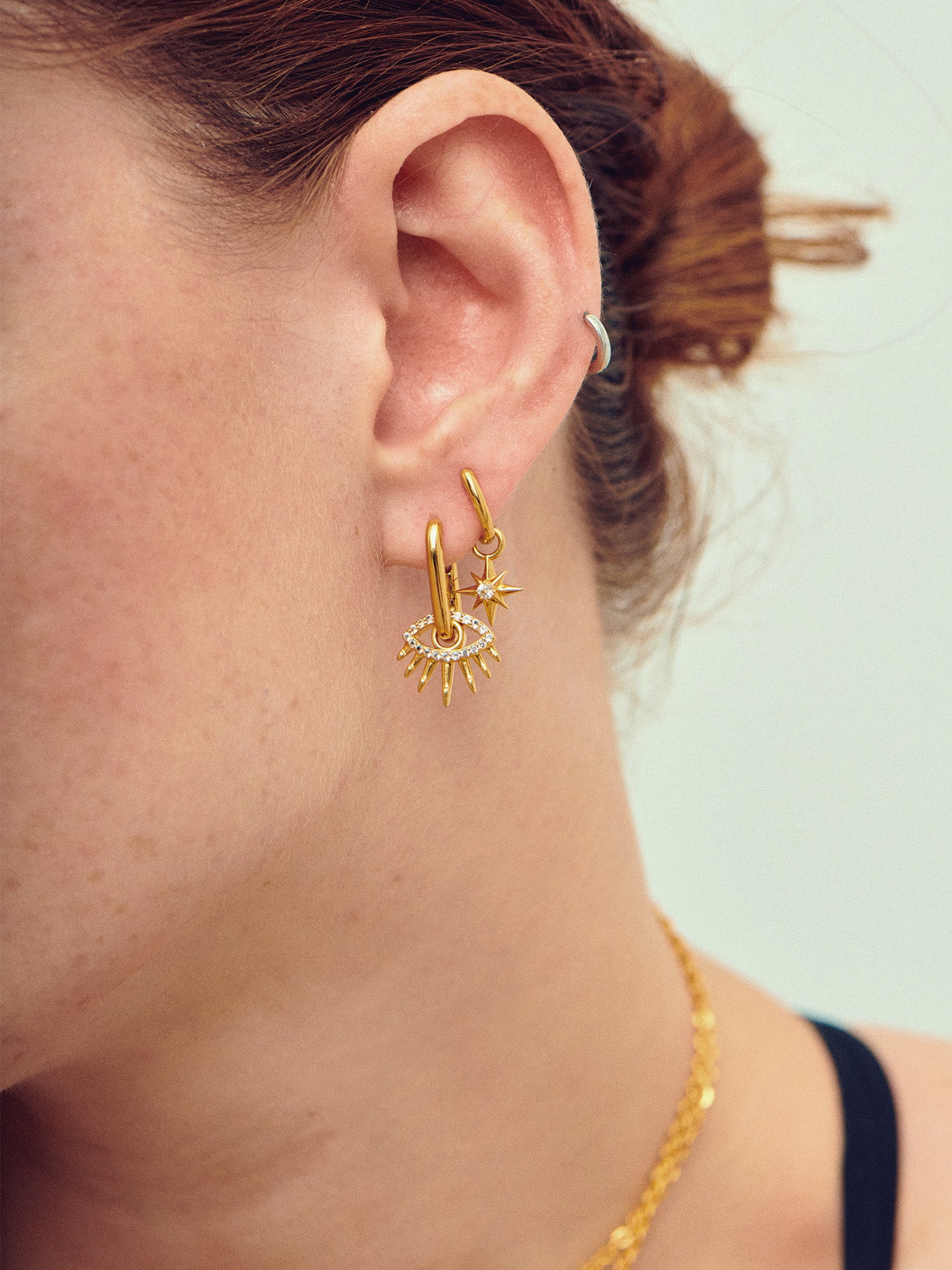 Evil Eye Gold Charm on Gold Earrings for Women - White Topaz and 18ct Gold Vermeil - Heyrlome Jewellery