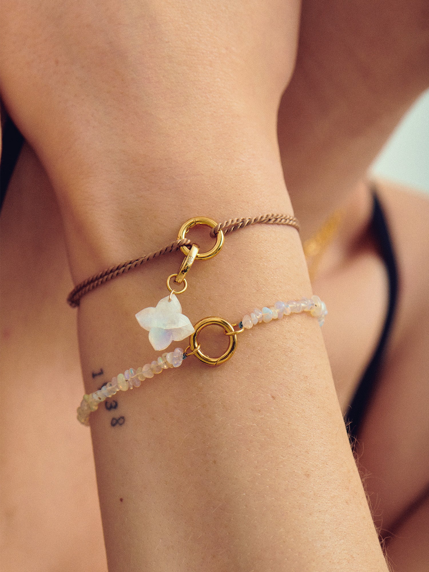  Flower Gold Charm on Silk Bracelet - Moonstone and 18ct Gold Vermeil - Heyrlome Jewellery