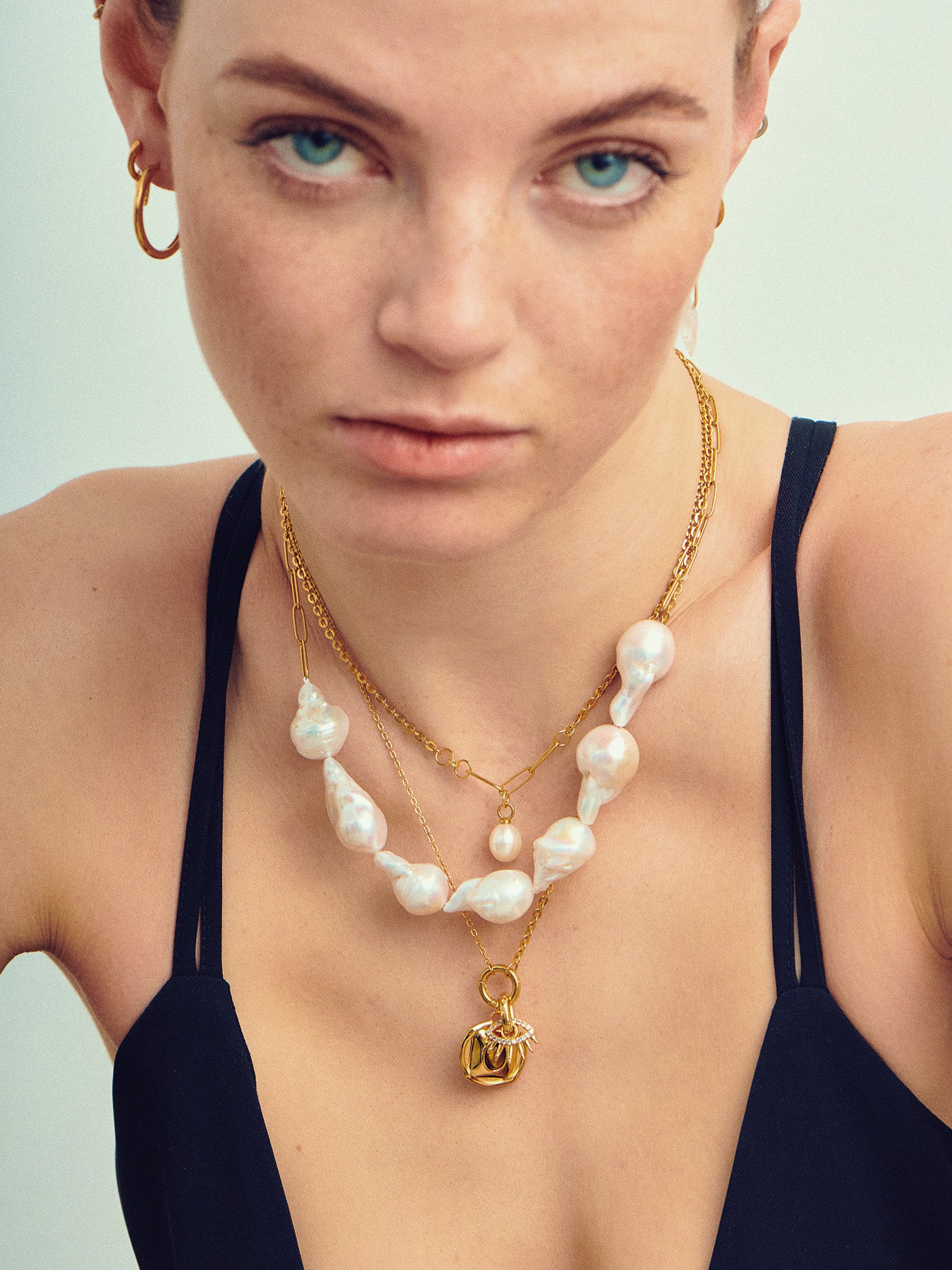 Fireball Baroque Pearl Gold Necklace layered with gold necklaces - 18ct Gold Vermeil - Heyrlome Jewellery