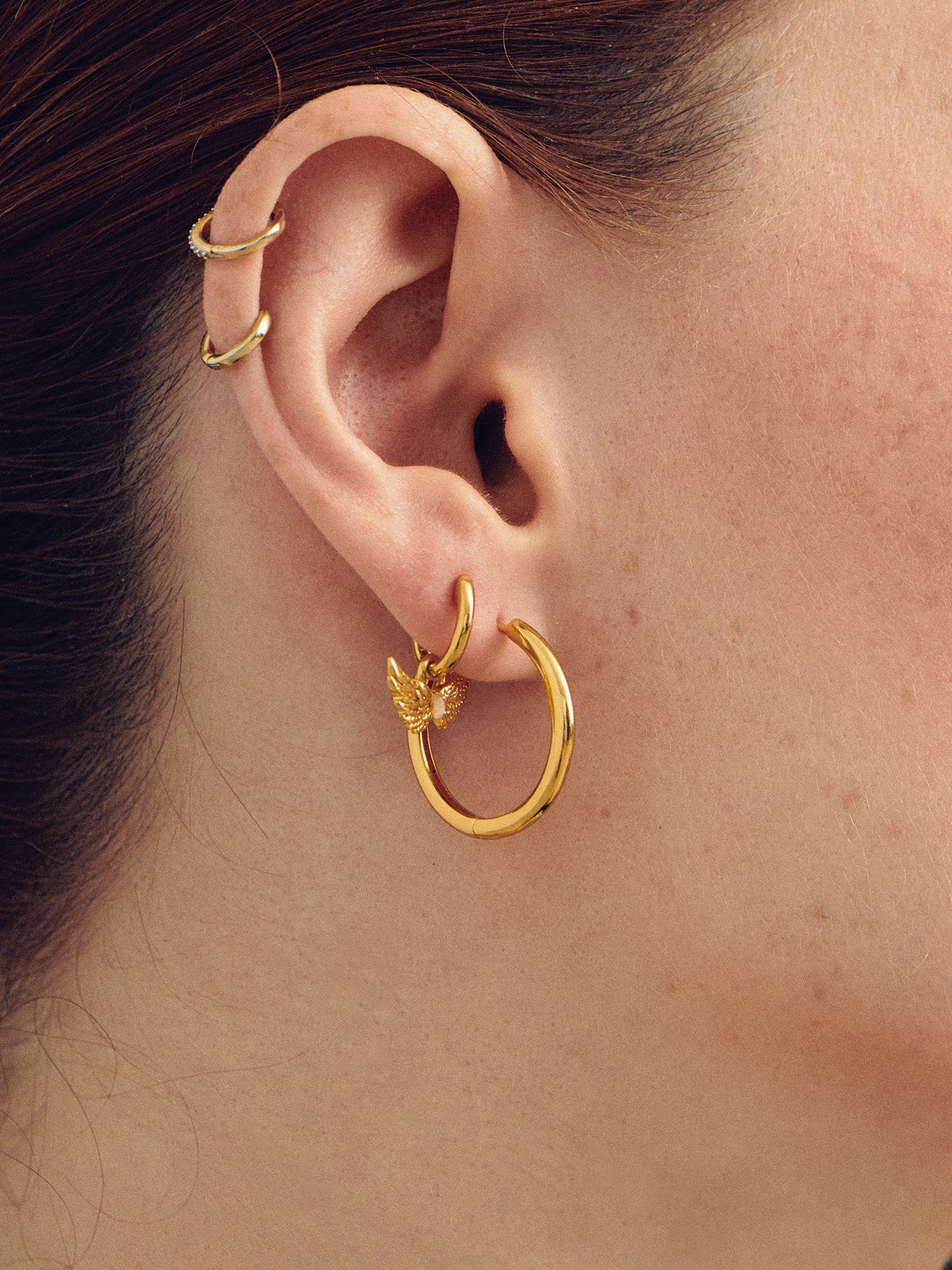 Hermes Wings Gold Mini Hoop Earrings - 18ct Gold Vermeil and Opal - Heyrlome Jewellery