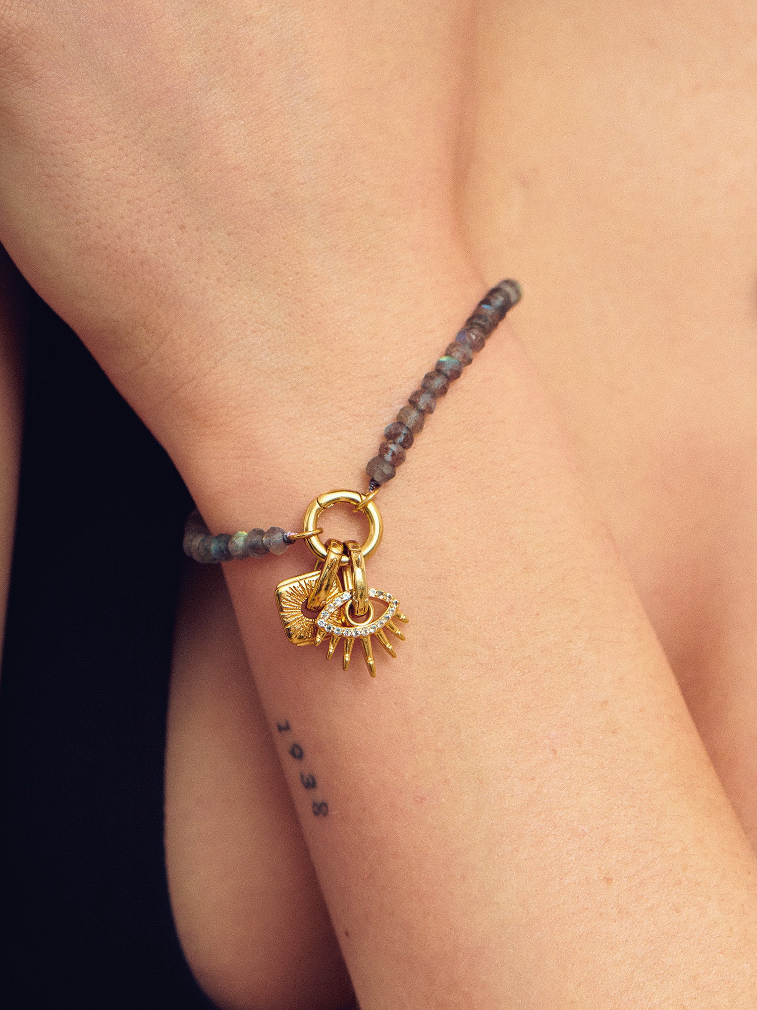 Evil Eye Gold Charm on Gold Bracelet - White Topaz and 18ct Gold Vermeil - Heyrlome Jewellery