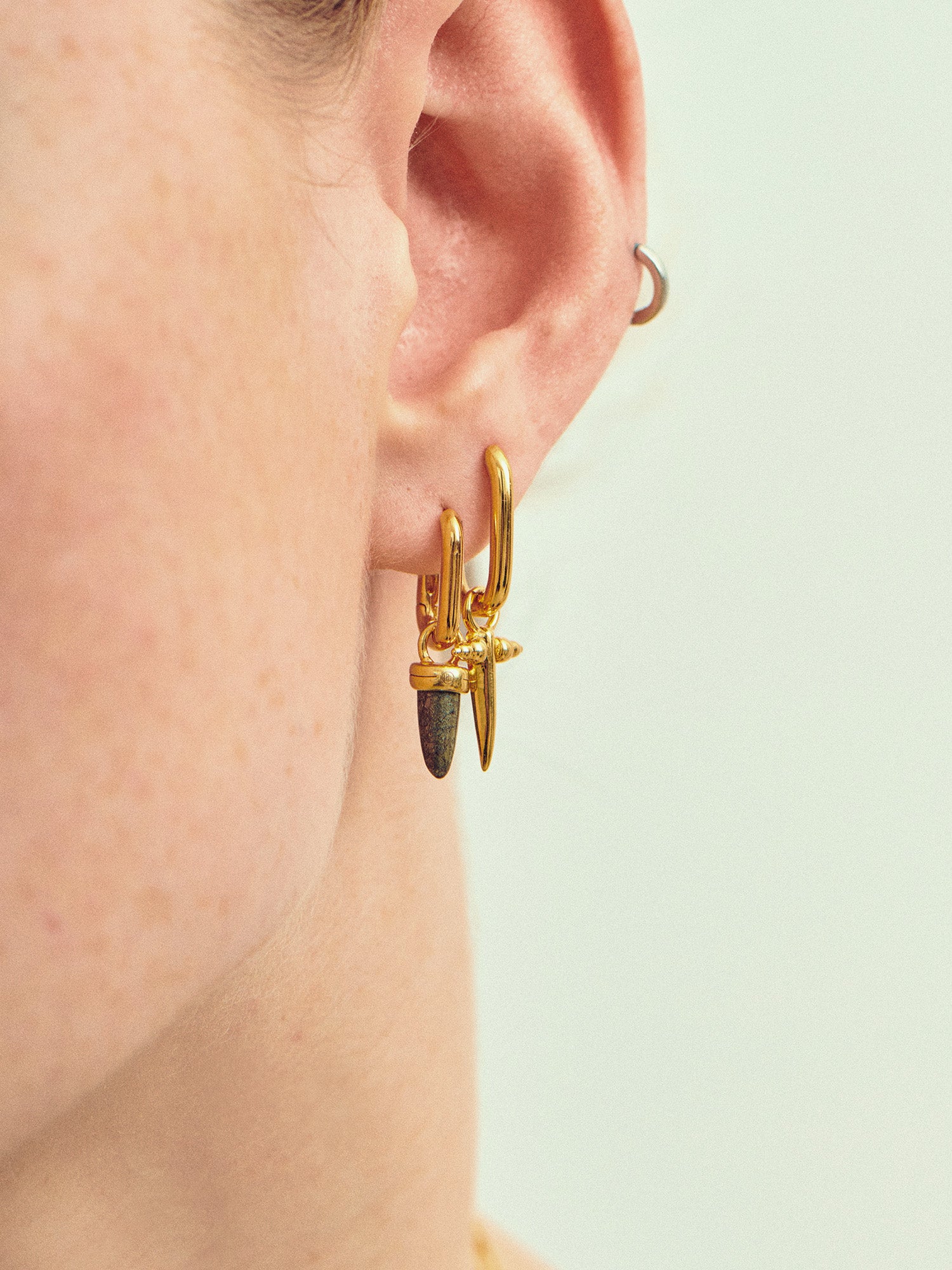 Small Bayonet Gold Charm on Gold Earrings for Women - 18ct Gold Vermeil - Heyrlome Jewellery