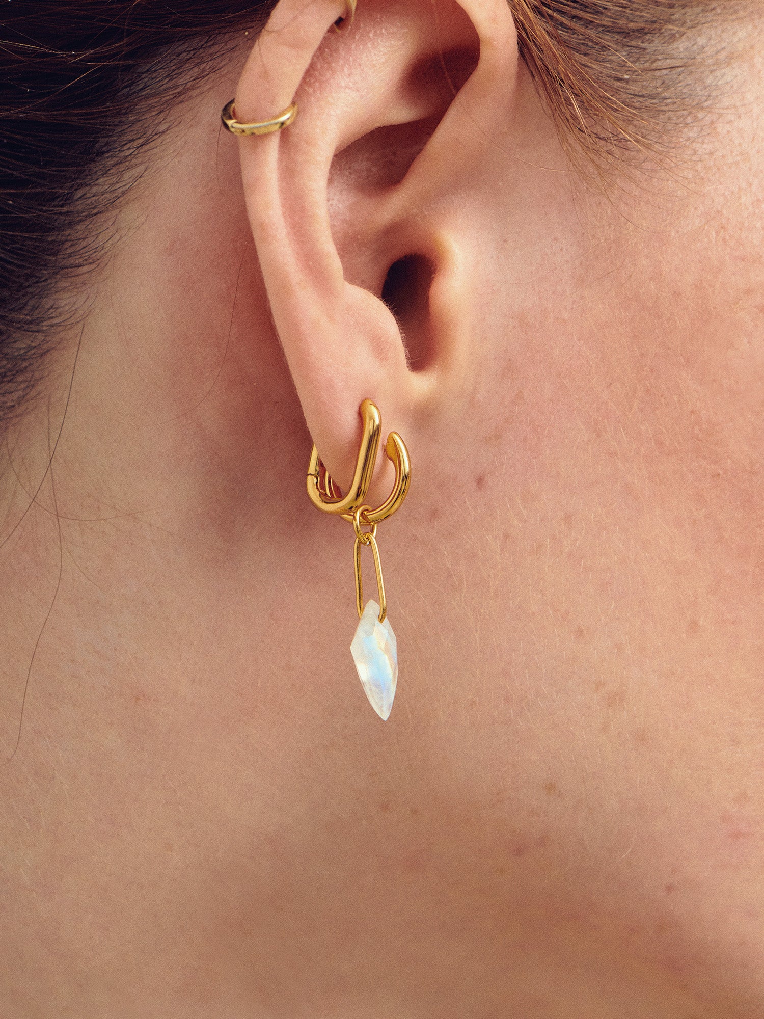 Moonstone Shield Drop Gold Charm Earrings - 18ct Gold Vermeil and Moonstone - Heyrlome Jewellery