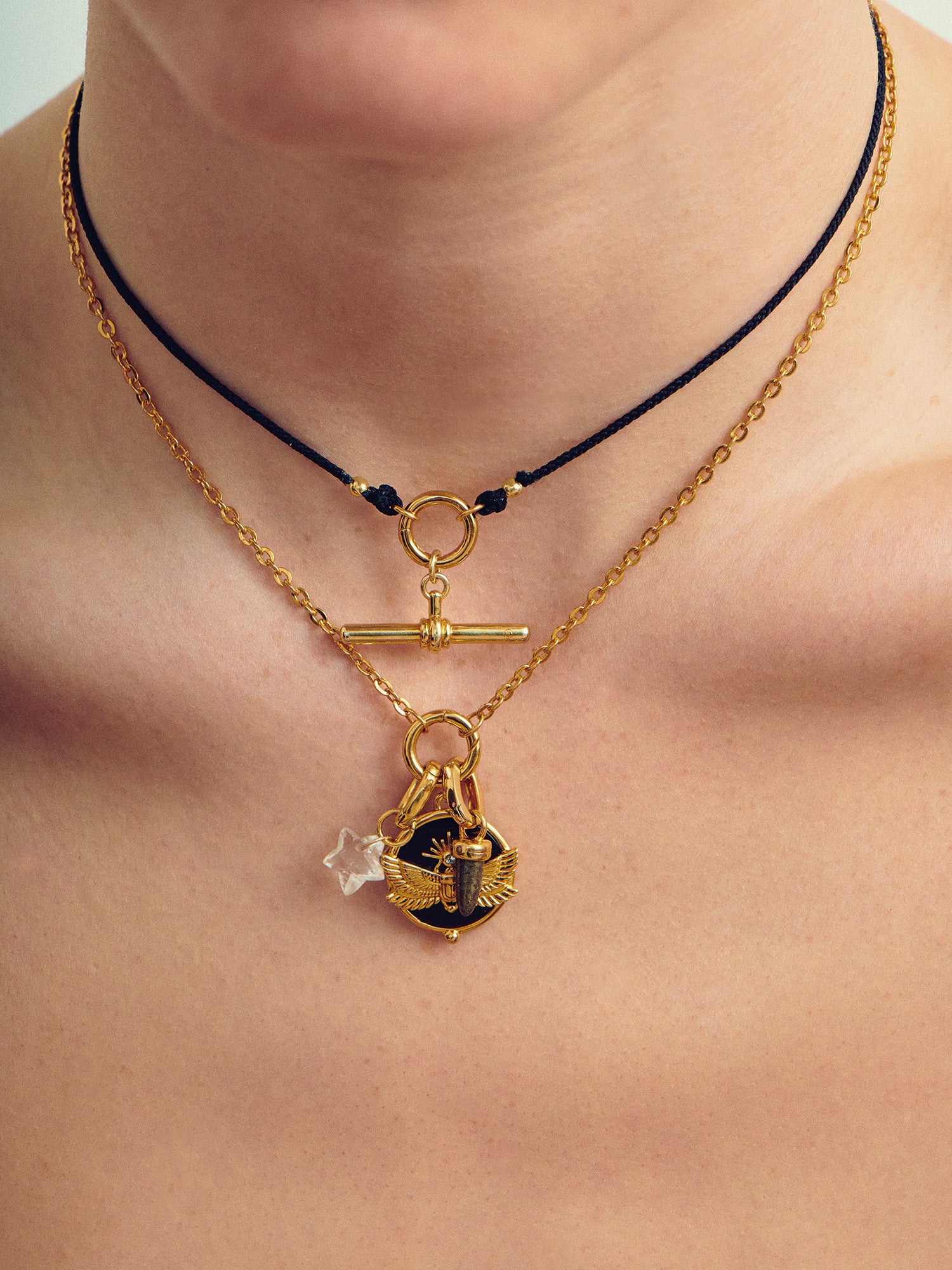 Necklace Stack with Scarab Beetle Gold Pendant - Black Onyx and 18ct Gold Vermeil - Heyrlome Jewellery