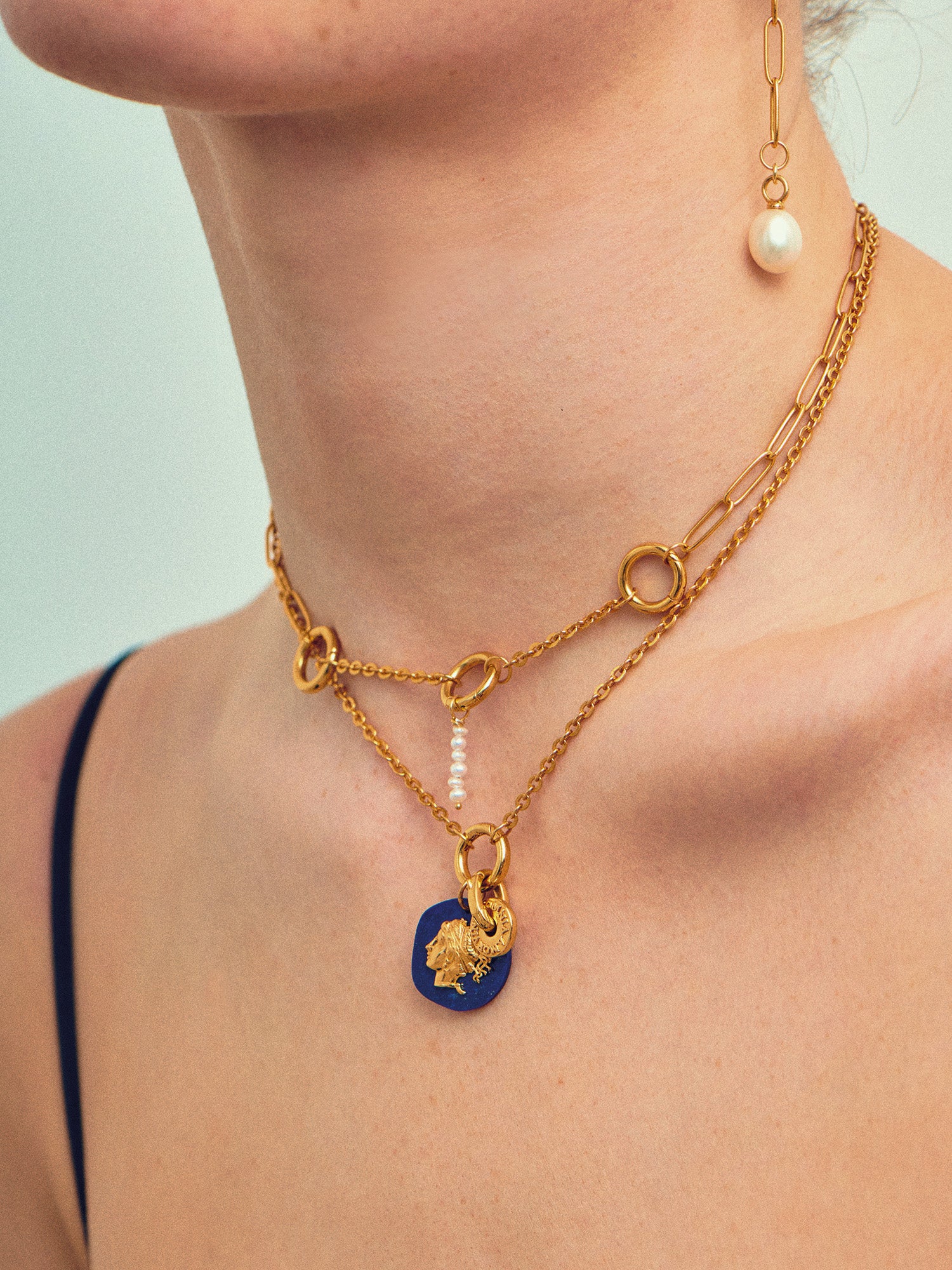 Aphrodite Gold Necklace Set with gold necklace and pearl pendant - 18ct Gold Vermeil and Lapis Lazuli- Heyrlome Jewellery