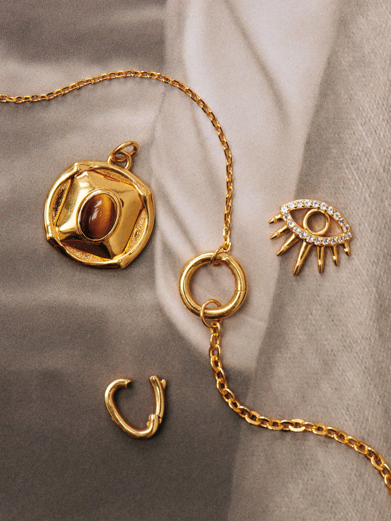 Tiger's Eye Gold Necklace Set - 18ct Gold Vermeil, White Topaz and Tiger's Eye - Heyrlome Jewellery