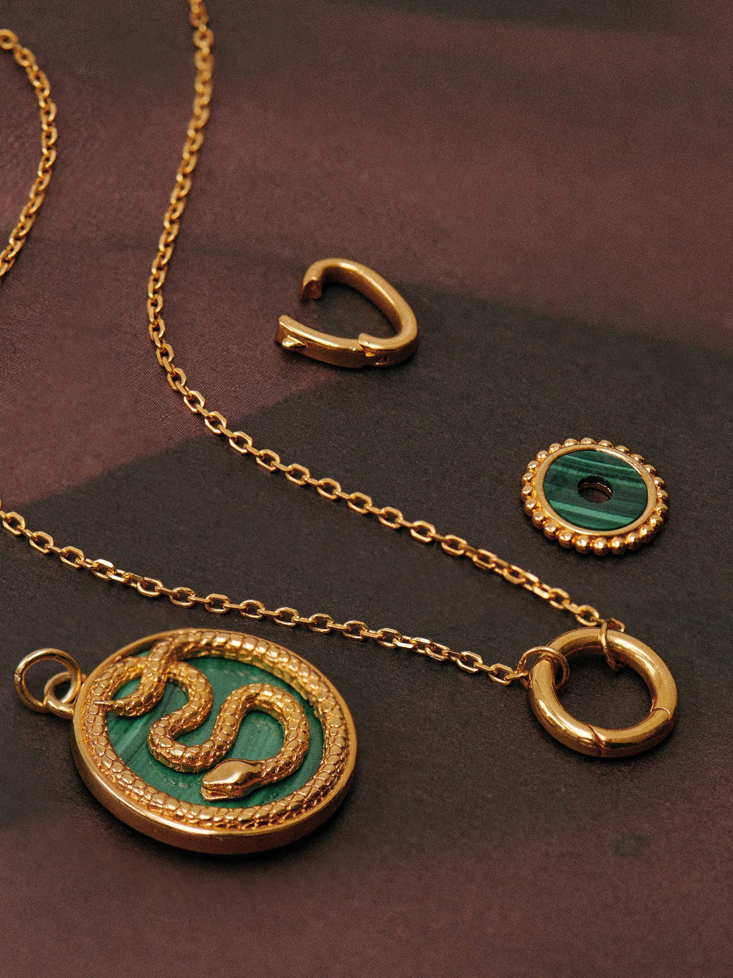 Gold Snake Pendant Necklace Set - 18ct Gold Vermeil and Malachite - Heyrlome Jewellery