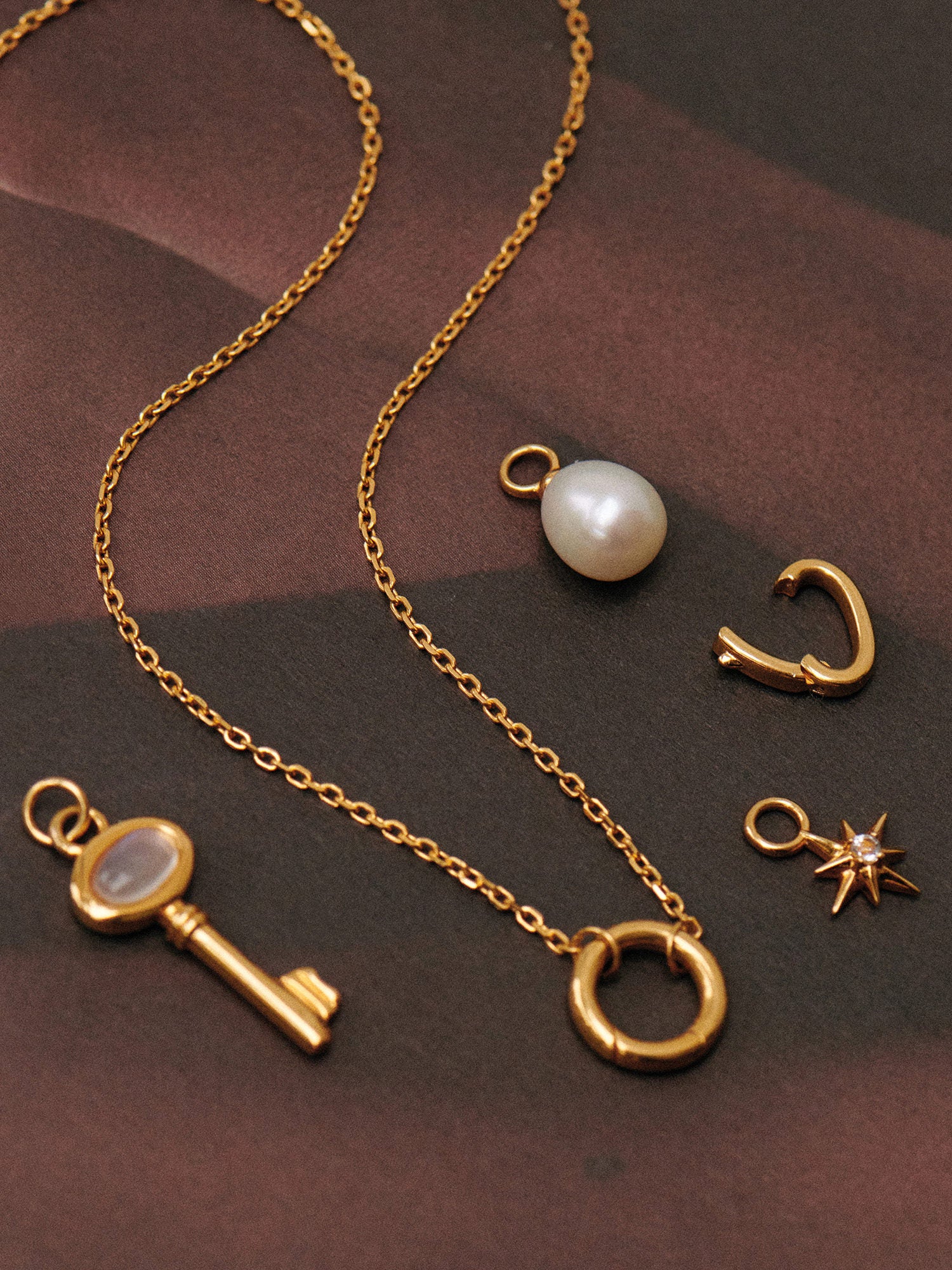 Gold Skeleton Key Necklace Set - 18ct Gold Vermeil, Pearl, Moonstone and White Topaz - Heyrlome Jewellery