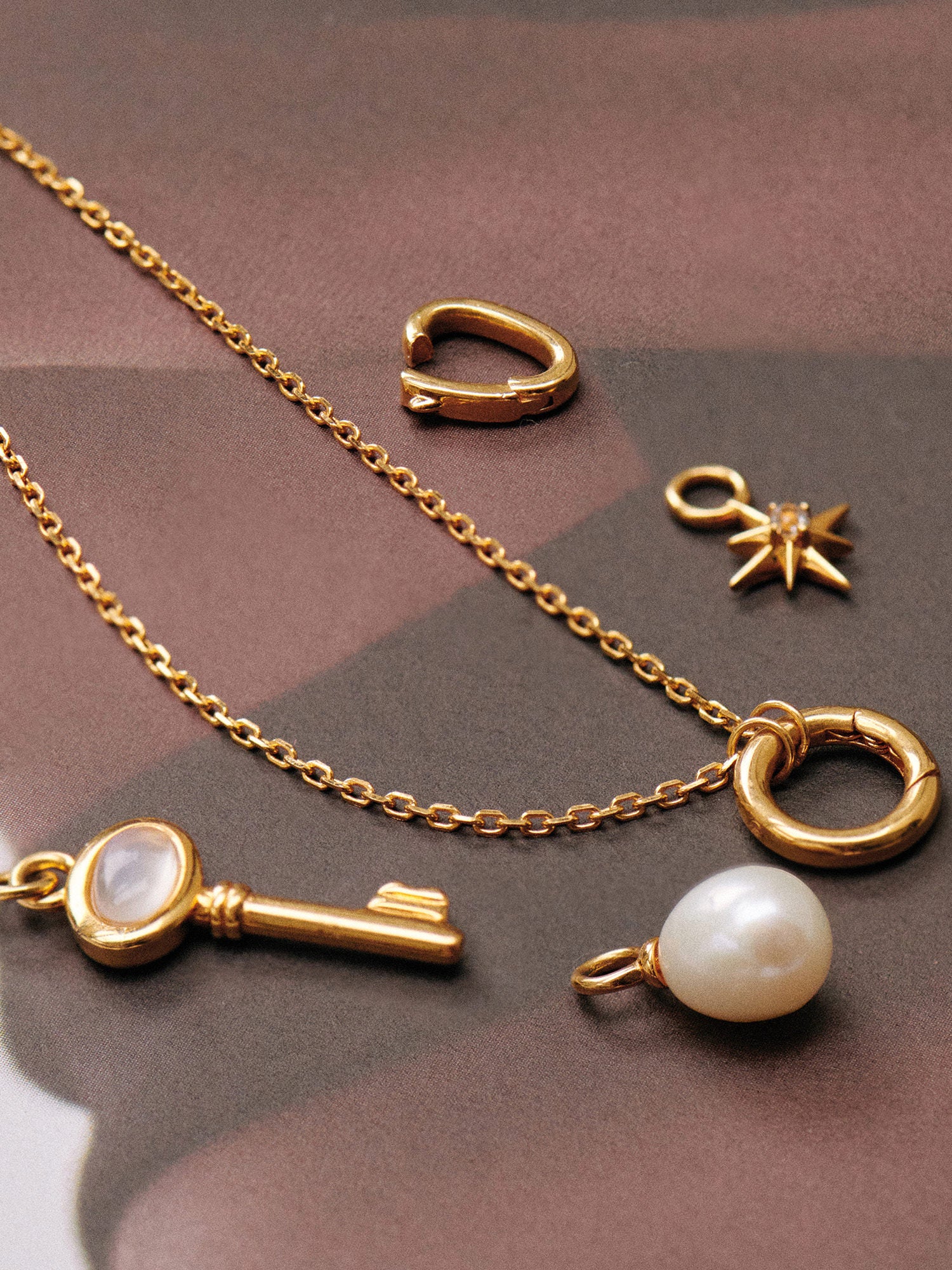 Skeleton Key Gold Charm Necklace Set - 18ct Gold Vermeil, Pearl, Moonstone and White Topaz - Heyrlome Jewellery