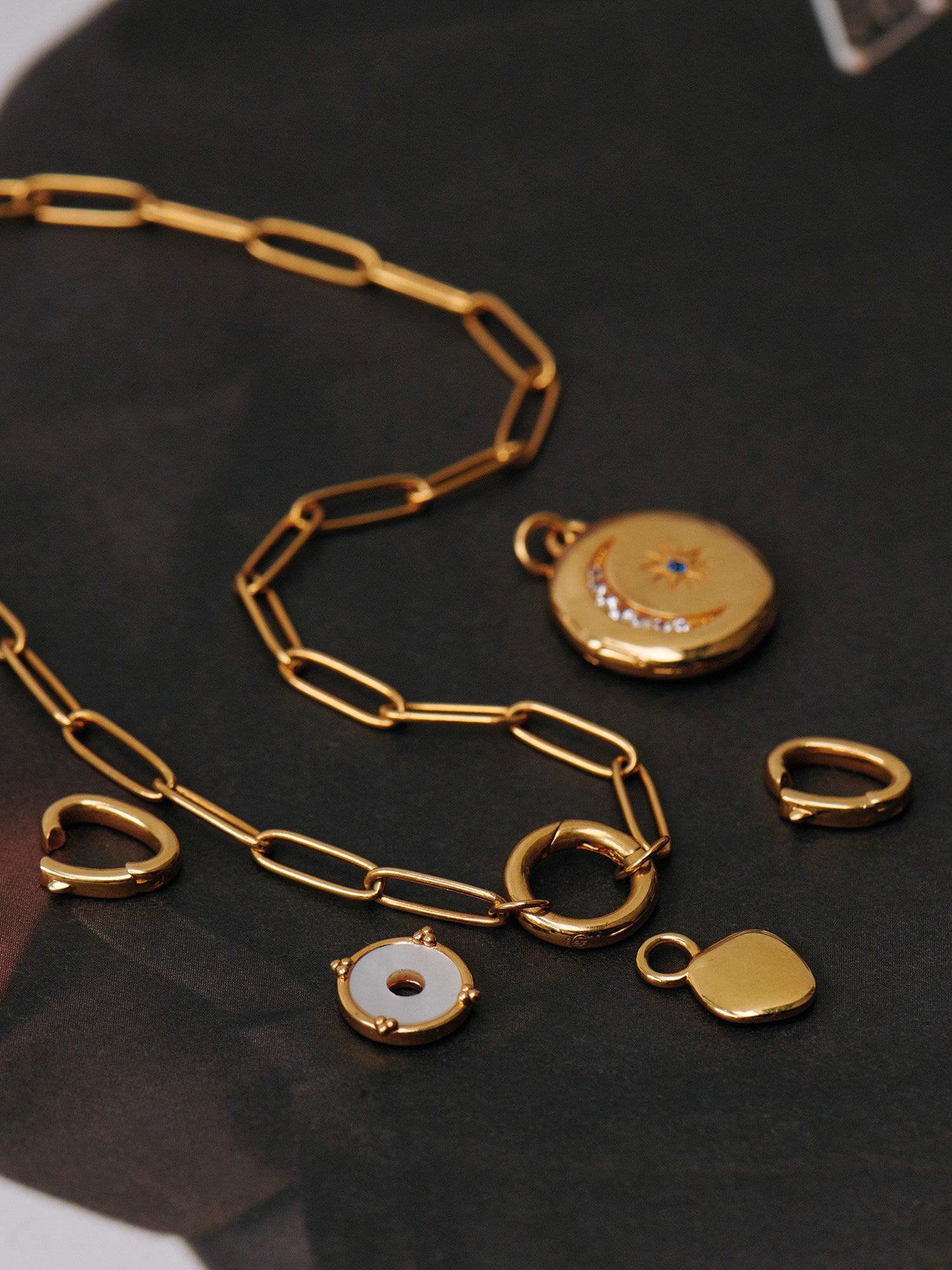 Gold Locket Paperlink Chain Necklace Set - 18ct Gold Vermeil, Mother of Pearl, White Topaz and Blue Spinel - Heyrlome Jewellery