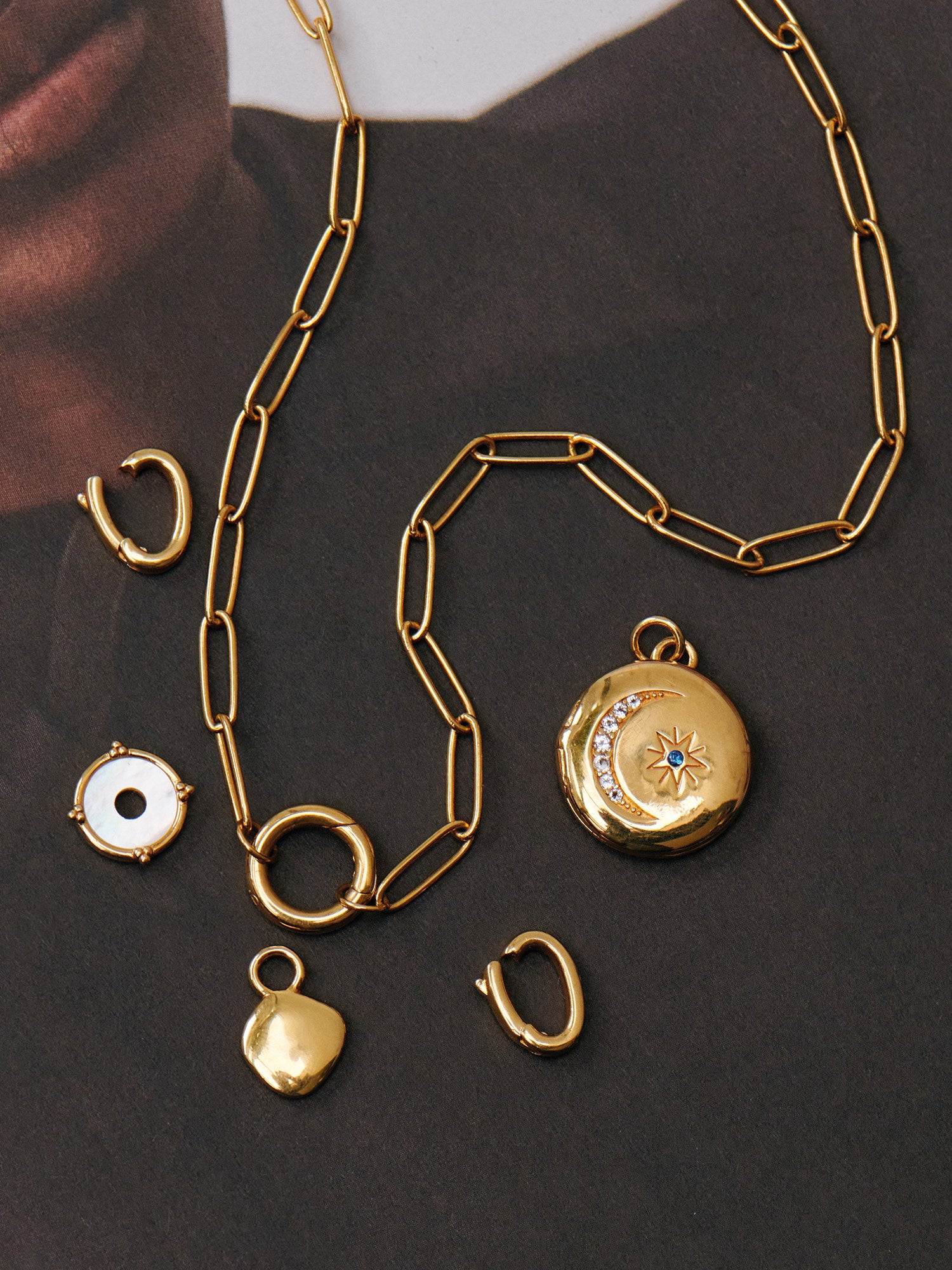 Gold Moon and Star Necklace Set - 18ct Gold Vermeil, White Topaz, Mother of Pearl, and Blue Spinel - Heyrlome Jewellery