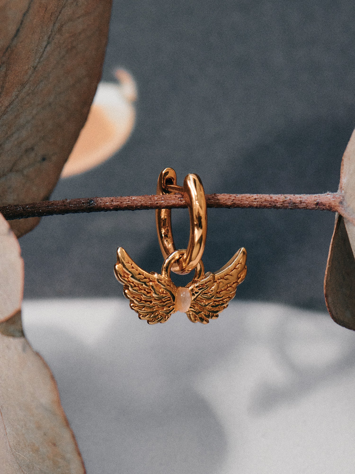 Wings of Love Gold Huggie Hoop Earrings - 18ct Gold Vermeil and Opal - Heyrlome Jewellery