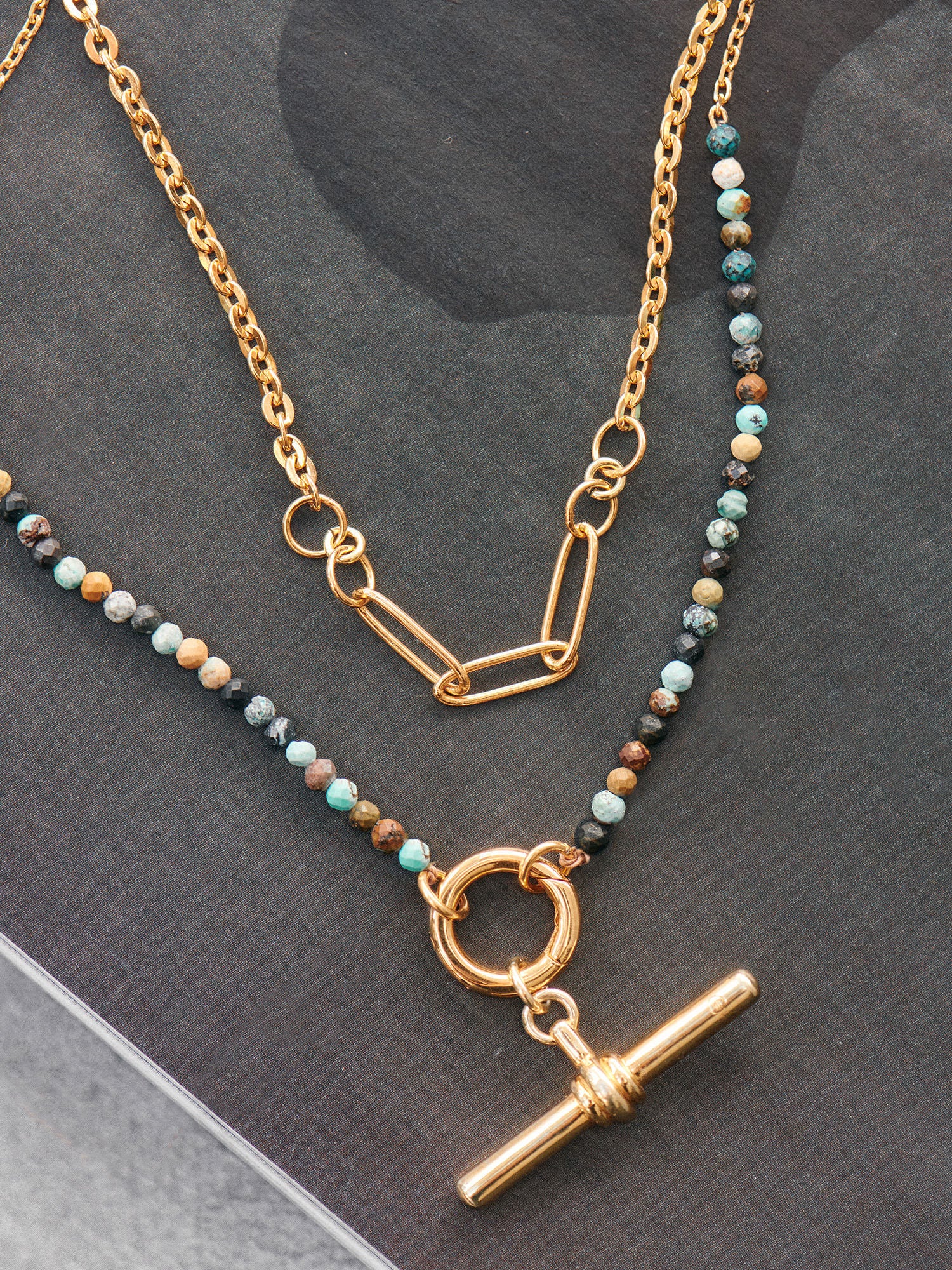 Hubei Turquoise Beaded Clasp Gold Necklace layered with gold chain - 18ct Gold Vermeil - Heyrlome Jewellery